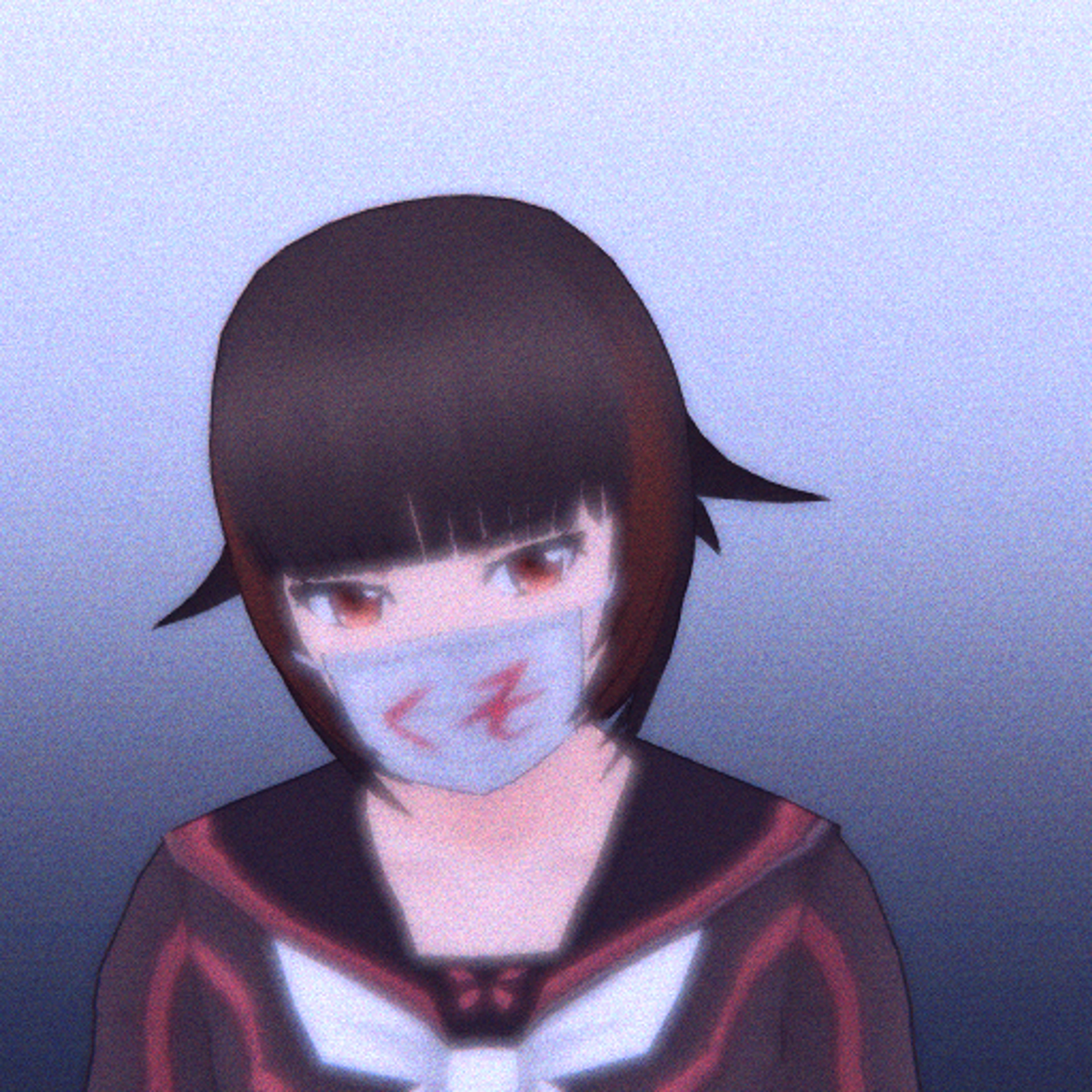 A young woman with short, dark hair and a copper-colored streak, wearing a school uniform and a surgical mask with a rebellious expression.