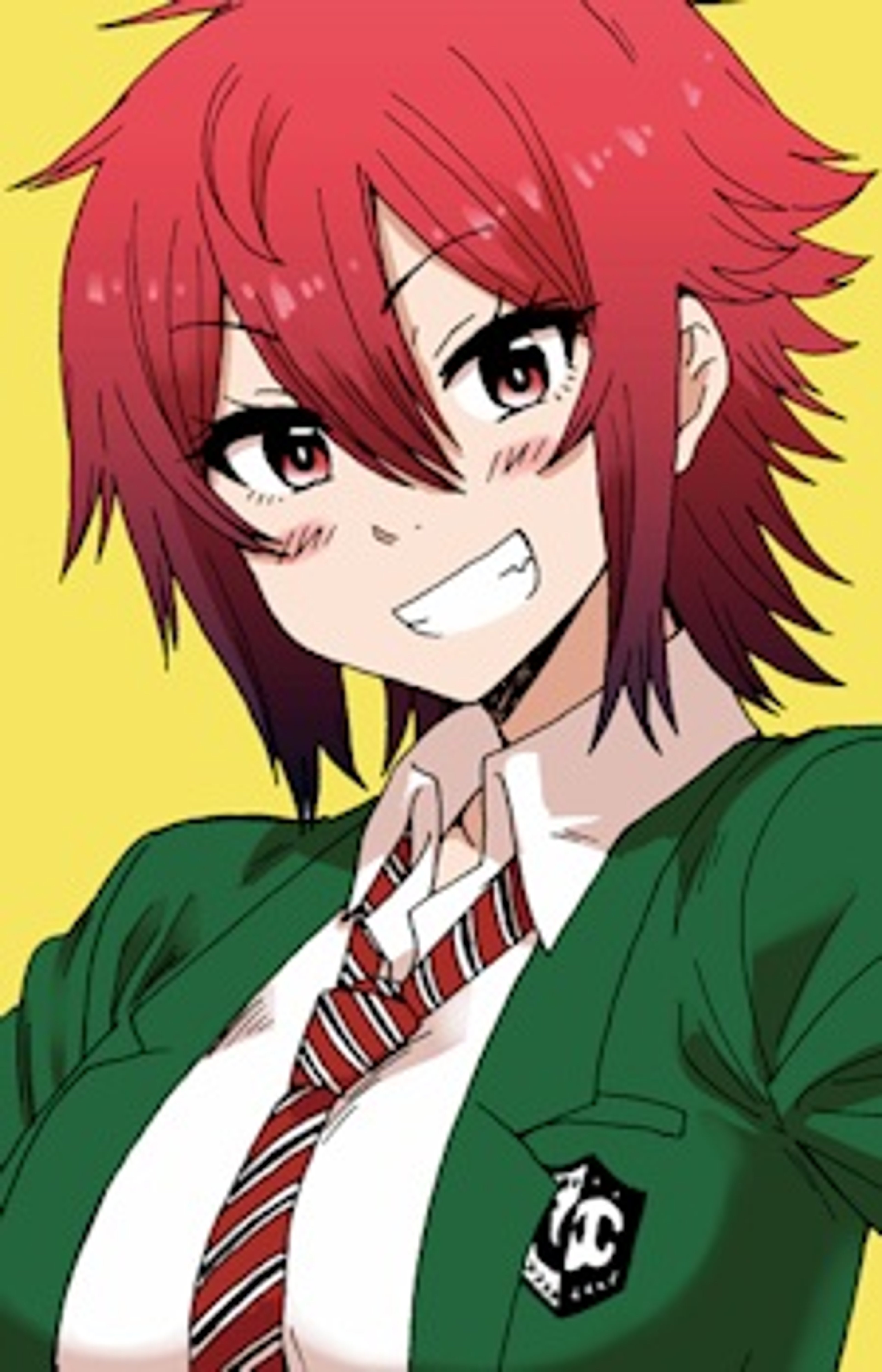 An anime-style character with short red hair and a green school uniform