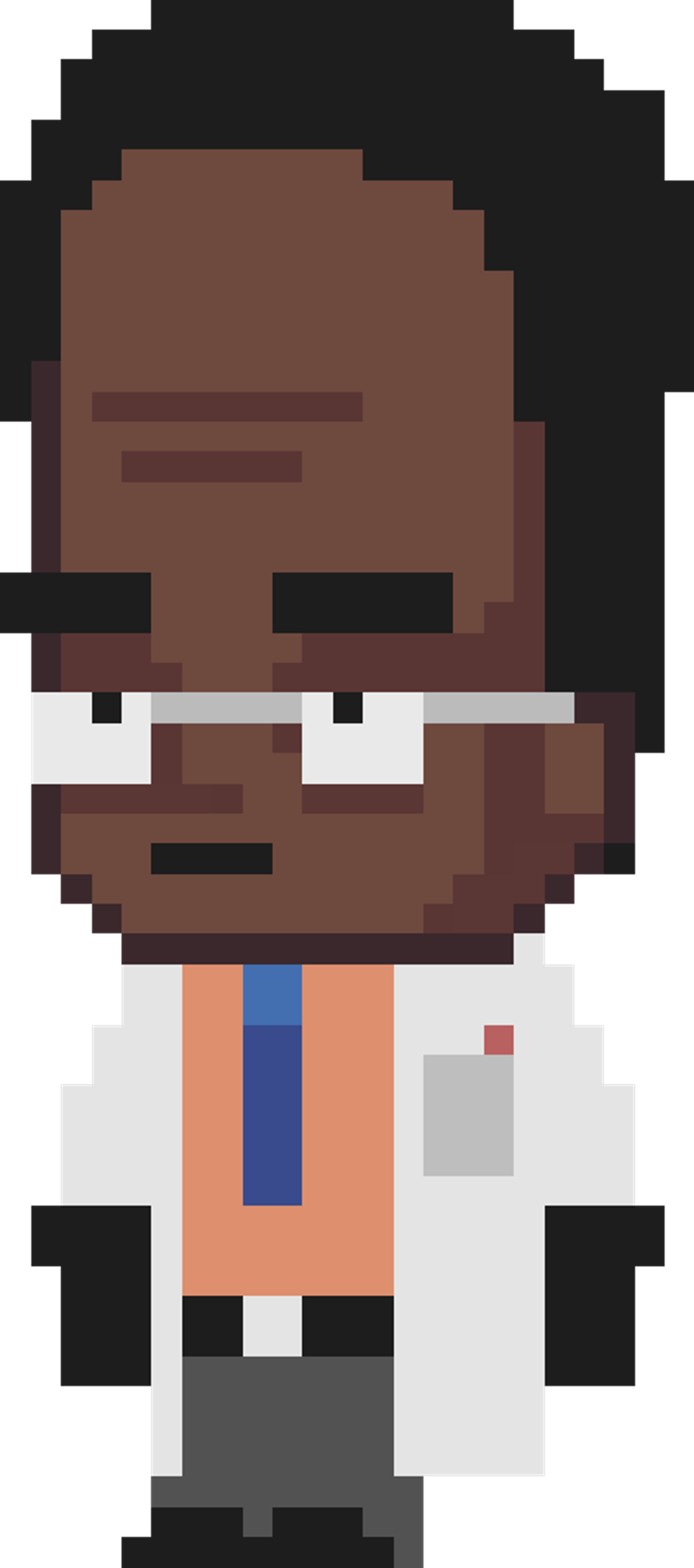 A pixel art portrait of a bald, stern-looking science teacher character
