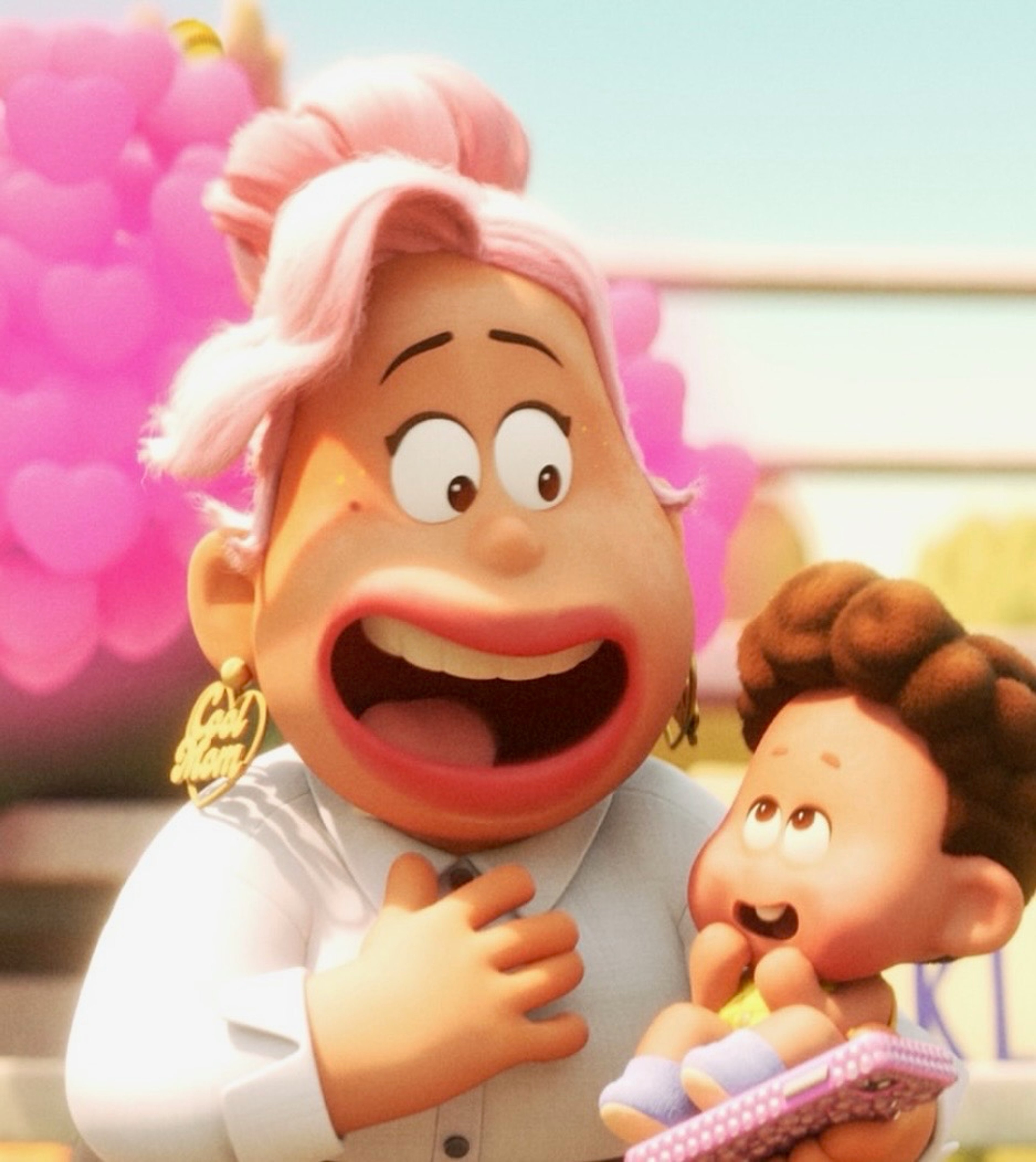 An animated character with pink hair, brown eyes, and a beauty mark, wearing a white shirt and displaying an exaggerated facial expression.