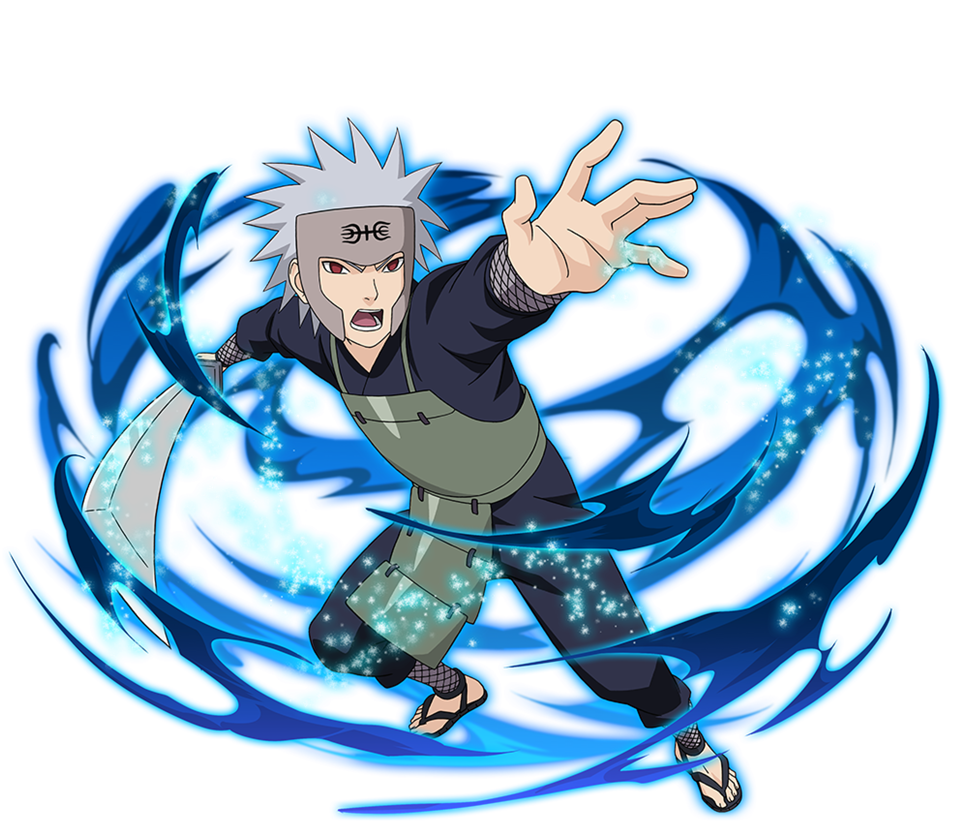 An anime-style character with white hair and red eyes, wearing a dark ninja outfit and making a hand gesture.