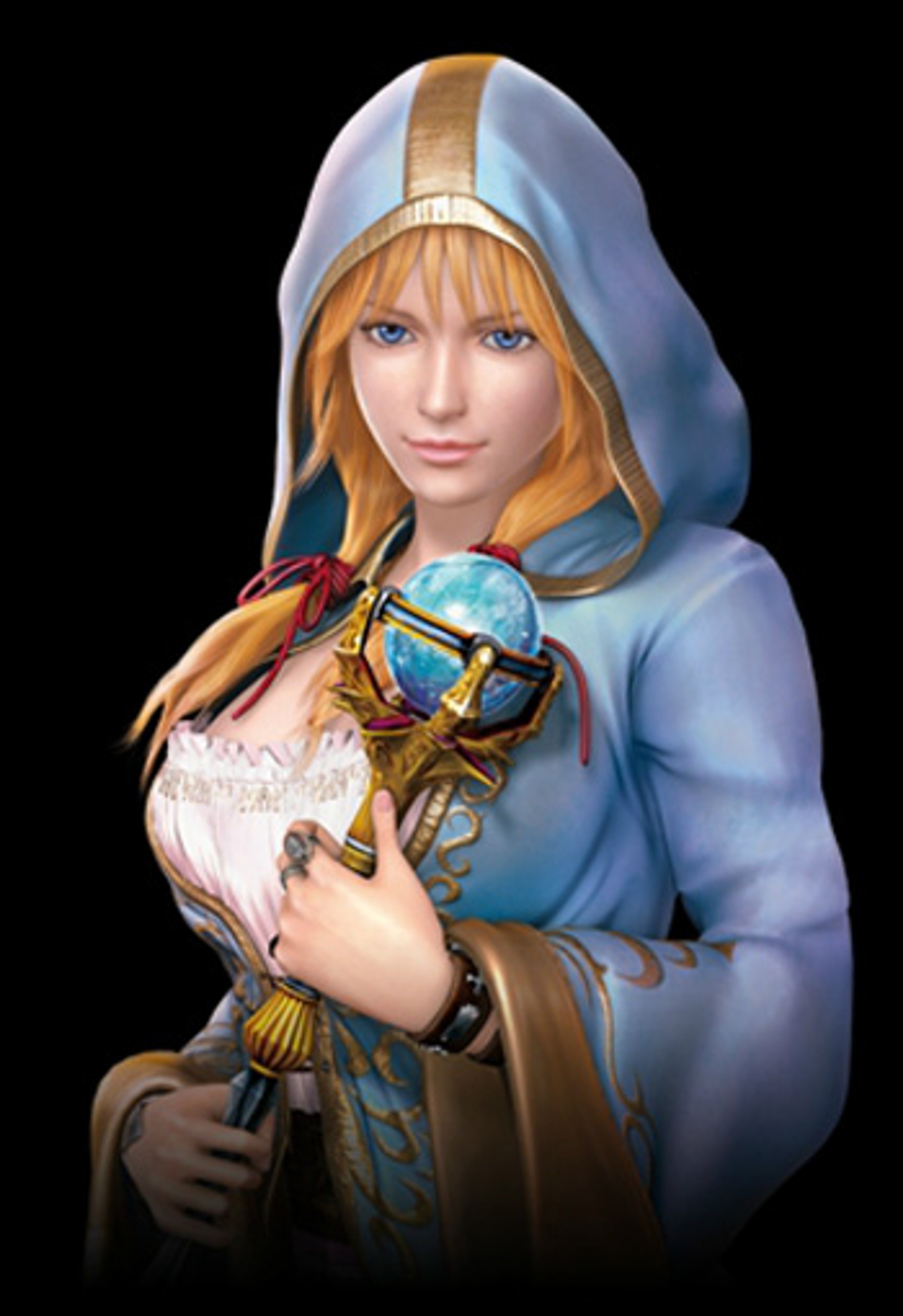 A young woman in a blue hooded cloak holding a magical staff