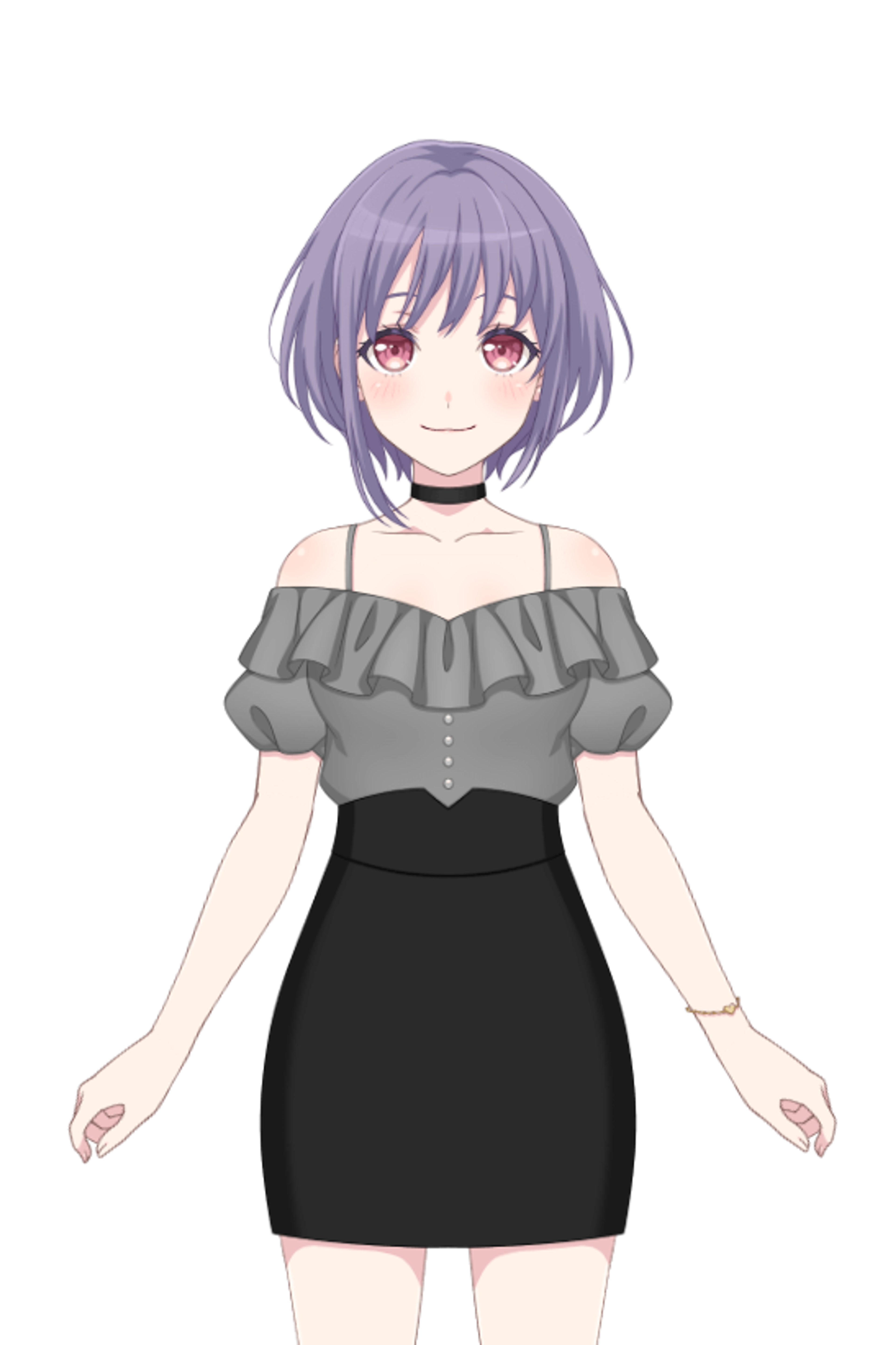 An anime-style character with purple hair and a friendly expression, wearing a gray off-the-shoulder top and black skirt.