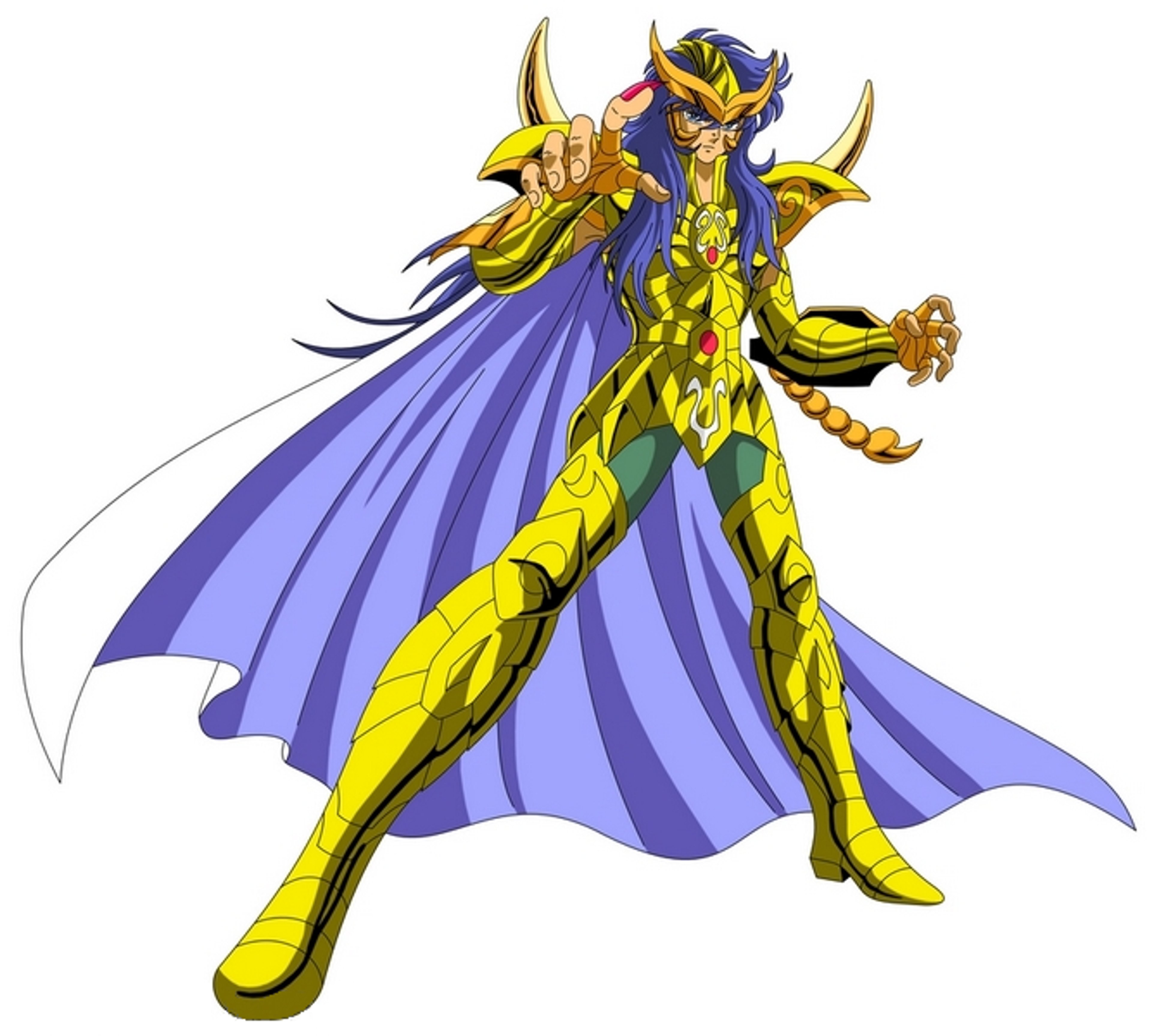 A powerful, armored male character with long purple hair and a golden helmet, wielding a golden staff or scepter.