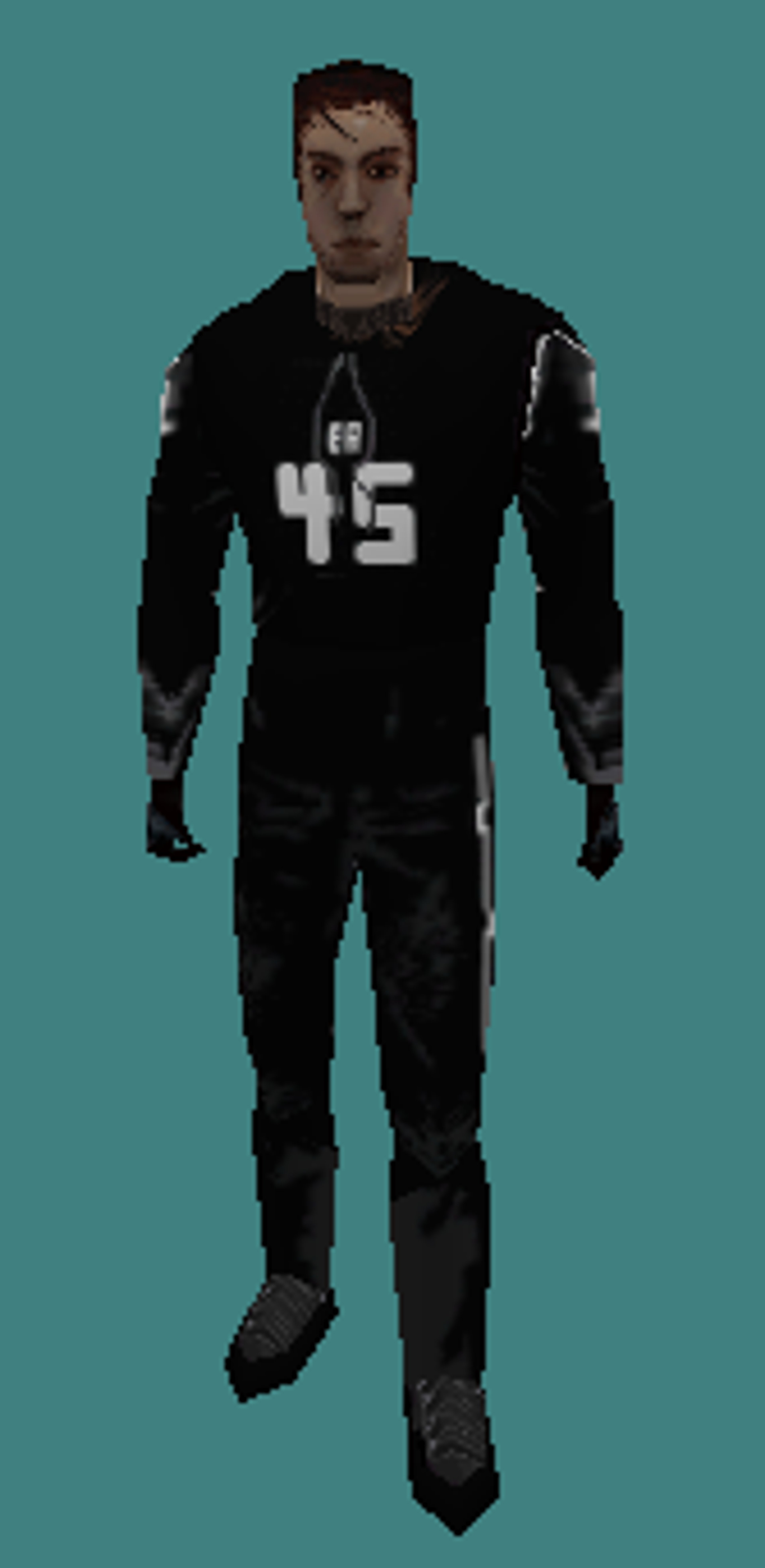 A muscular male character in a black football jersey with the number 45