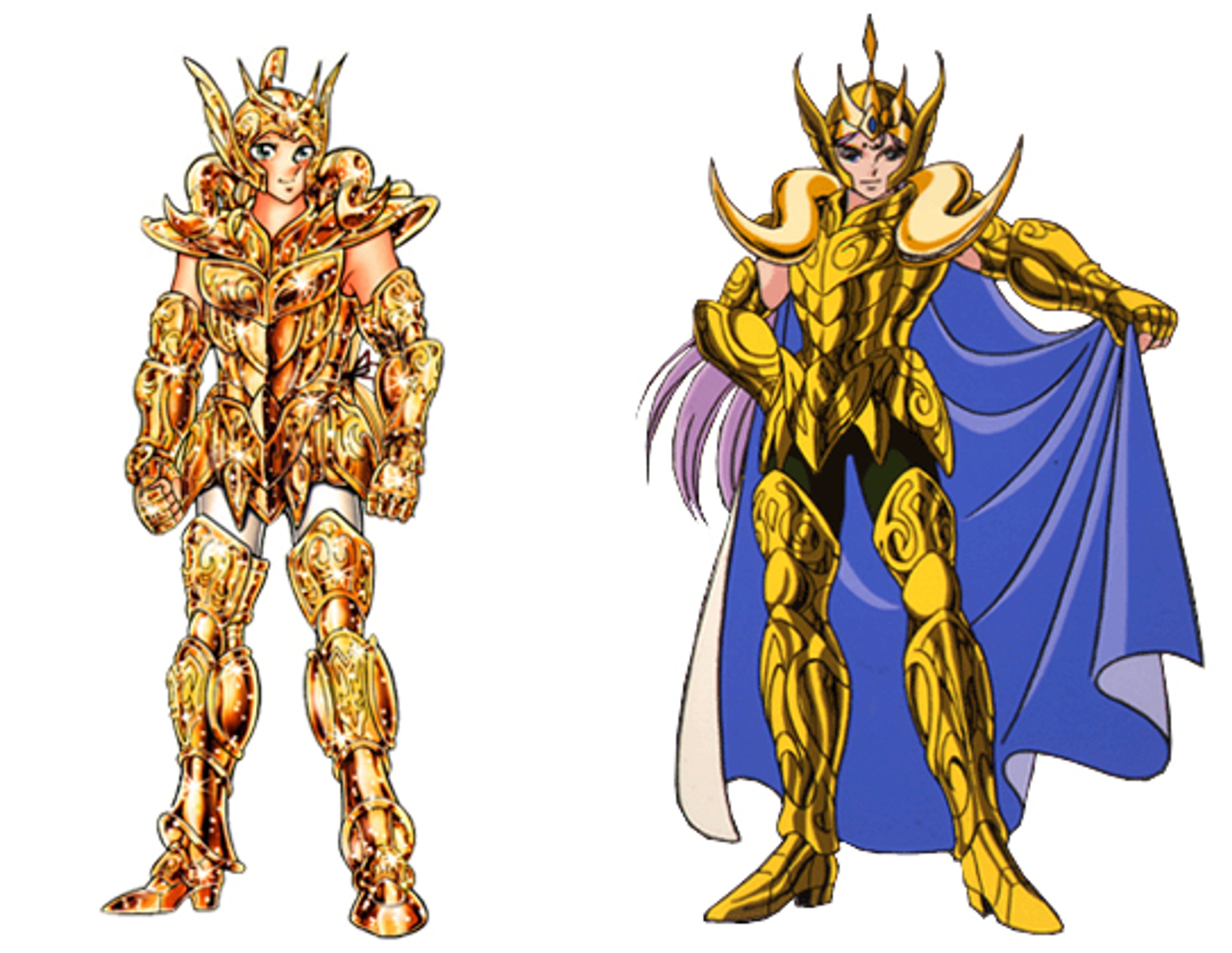 Two powerful golden armored warriors from the Saint Seiya universe