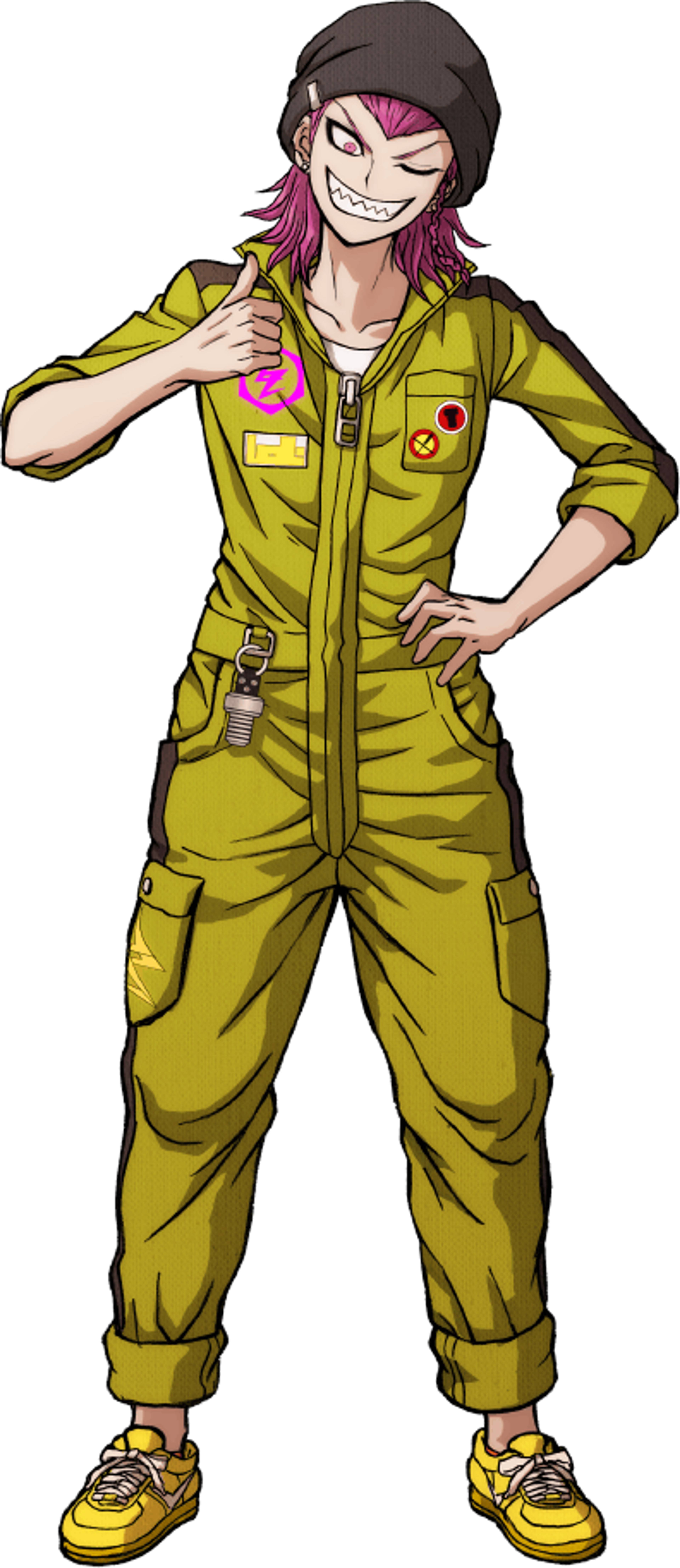 An anime-style character with pink spiky hair wearing a yellow jumpsuit, posing confidently with their hands on their hips.