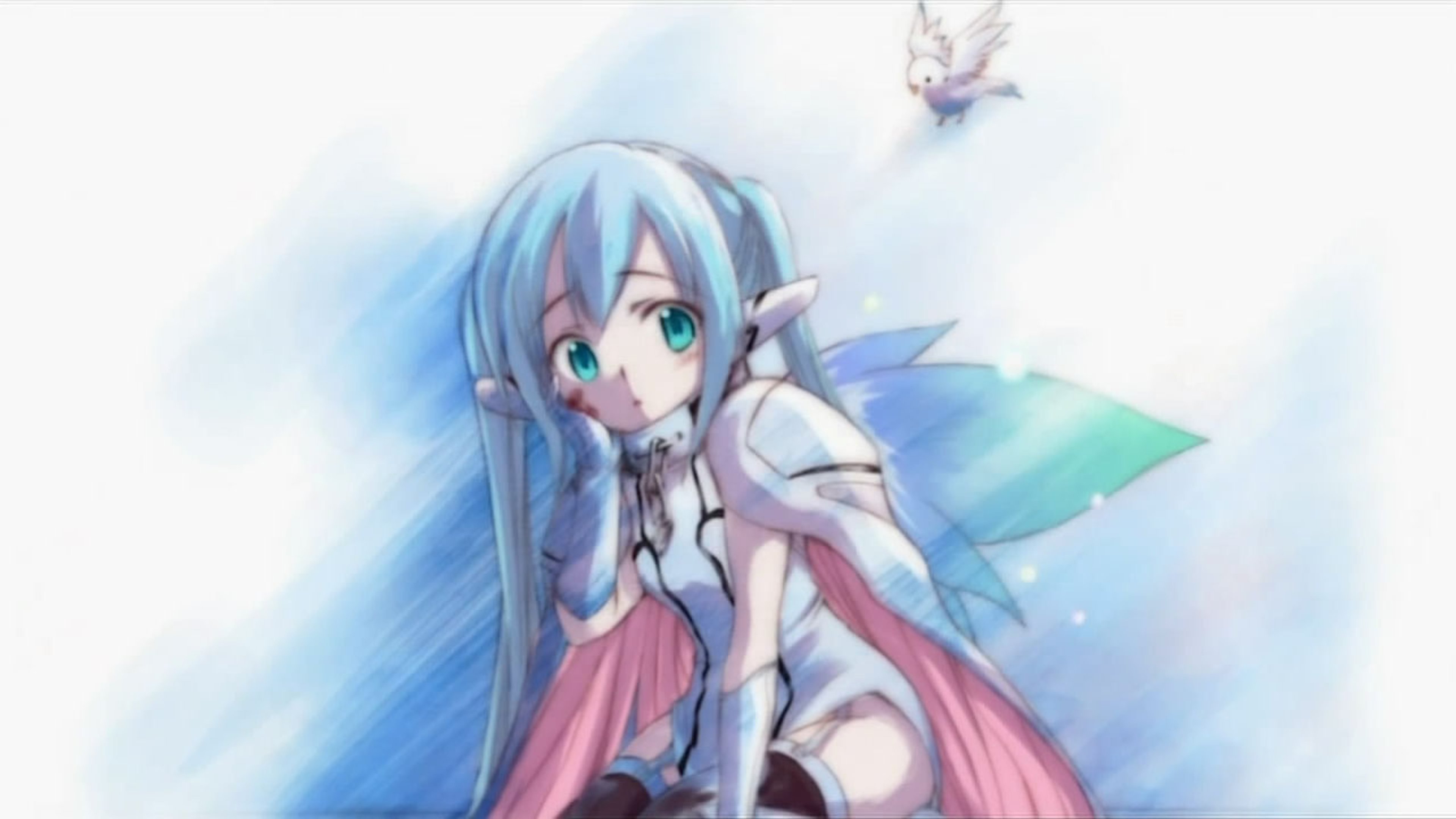 An anime-style character with blue hair, pink outfit, and small wings on their back.