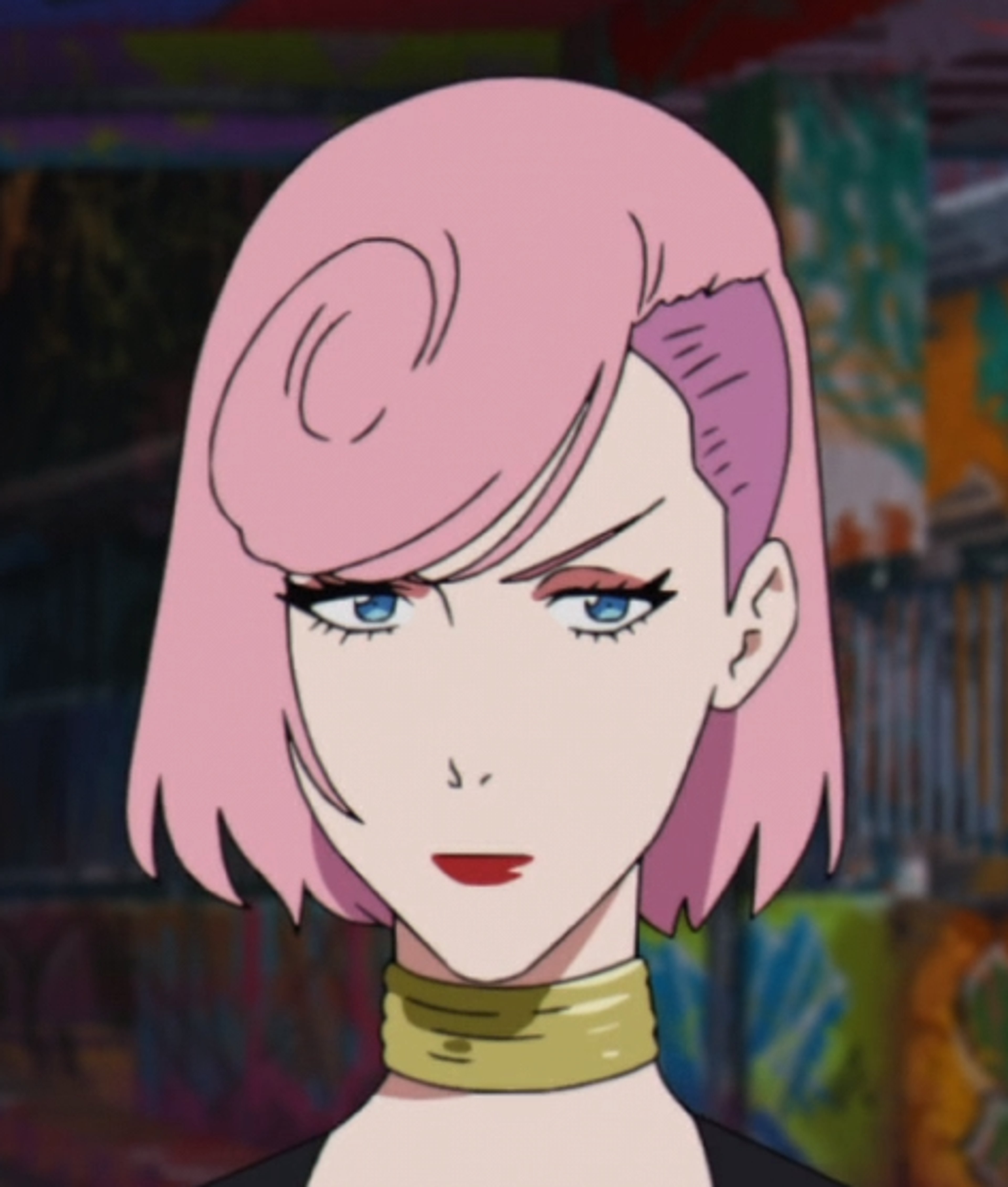 A young woman with pink hair wearing a turtleneck and trenchcoat