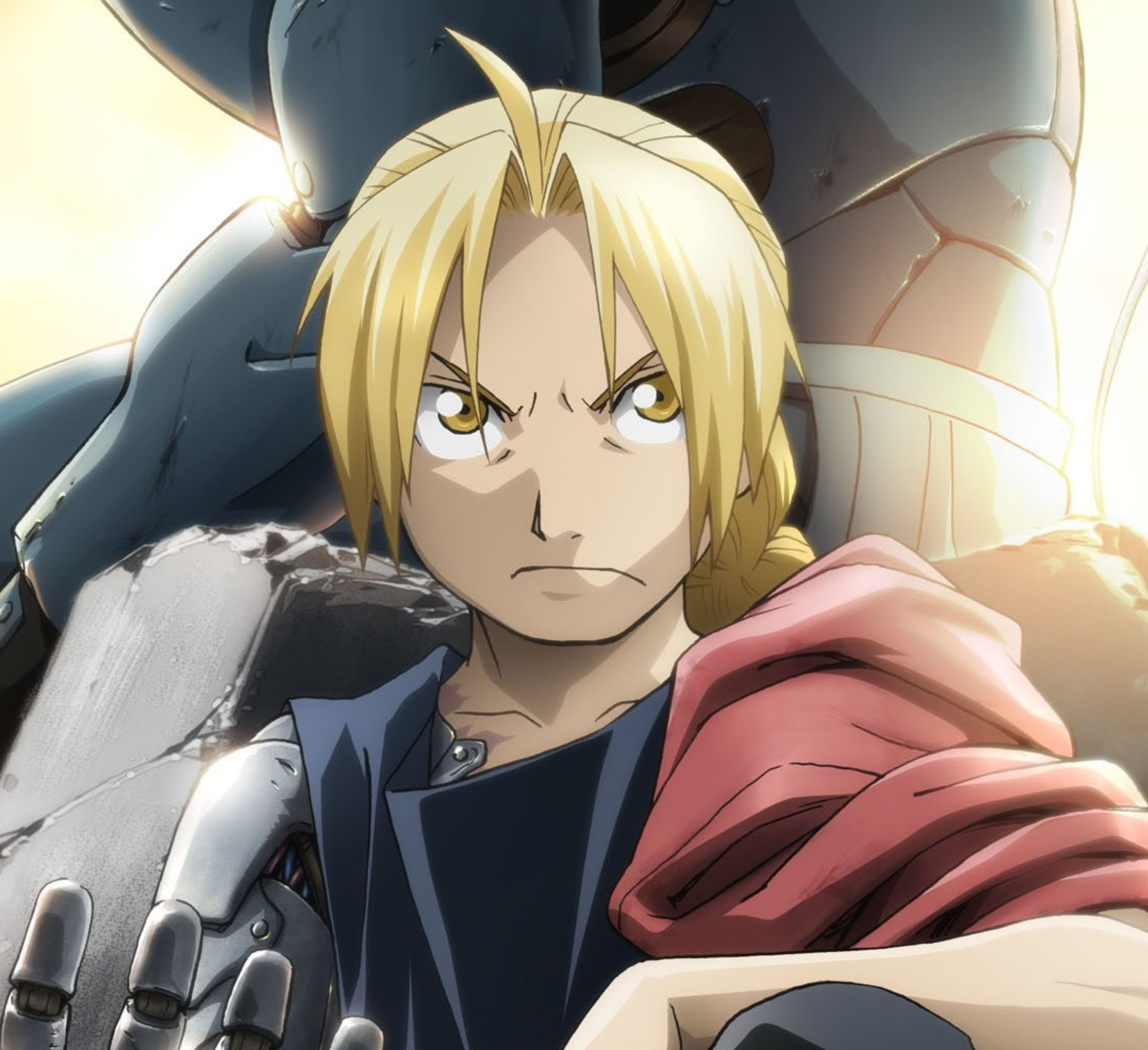 A young man with blonde hair and a metal prosthetic arm wearing a red cloak in a military or industrial setting