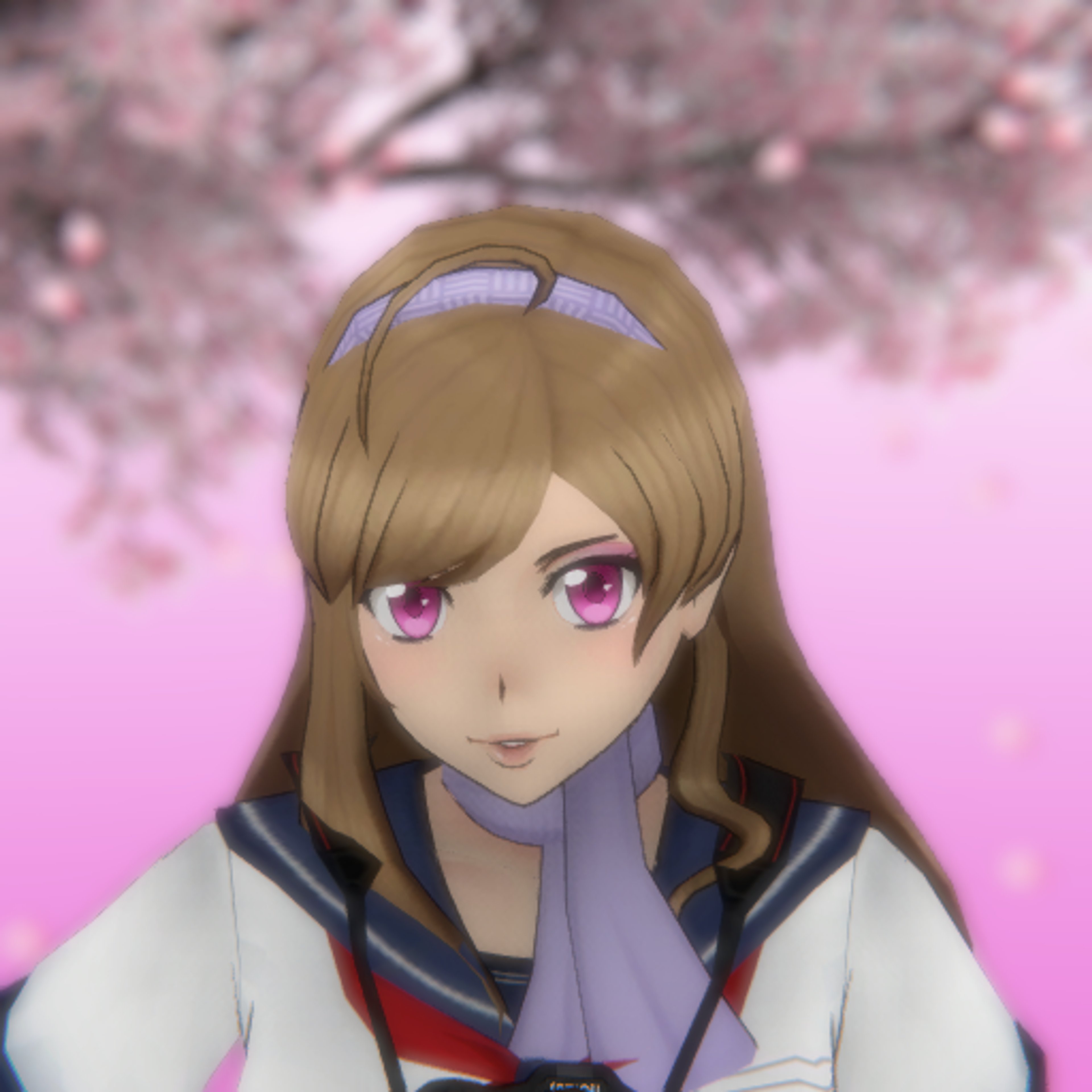 An anime-style character with long brown hair and pink eyes wearing a white school uniform with a blue scarf.