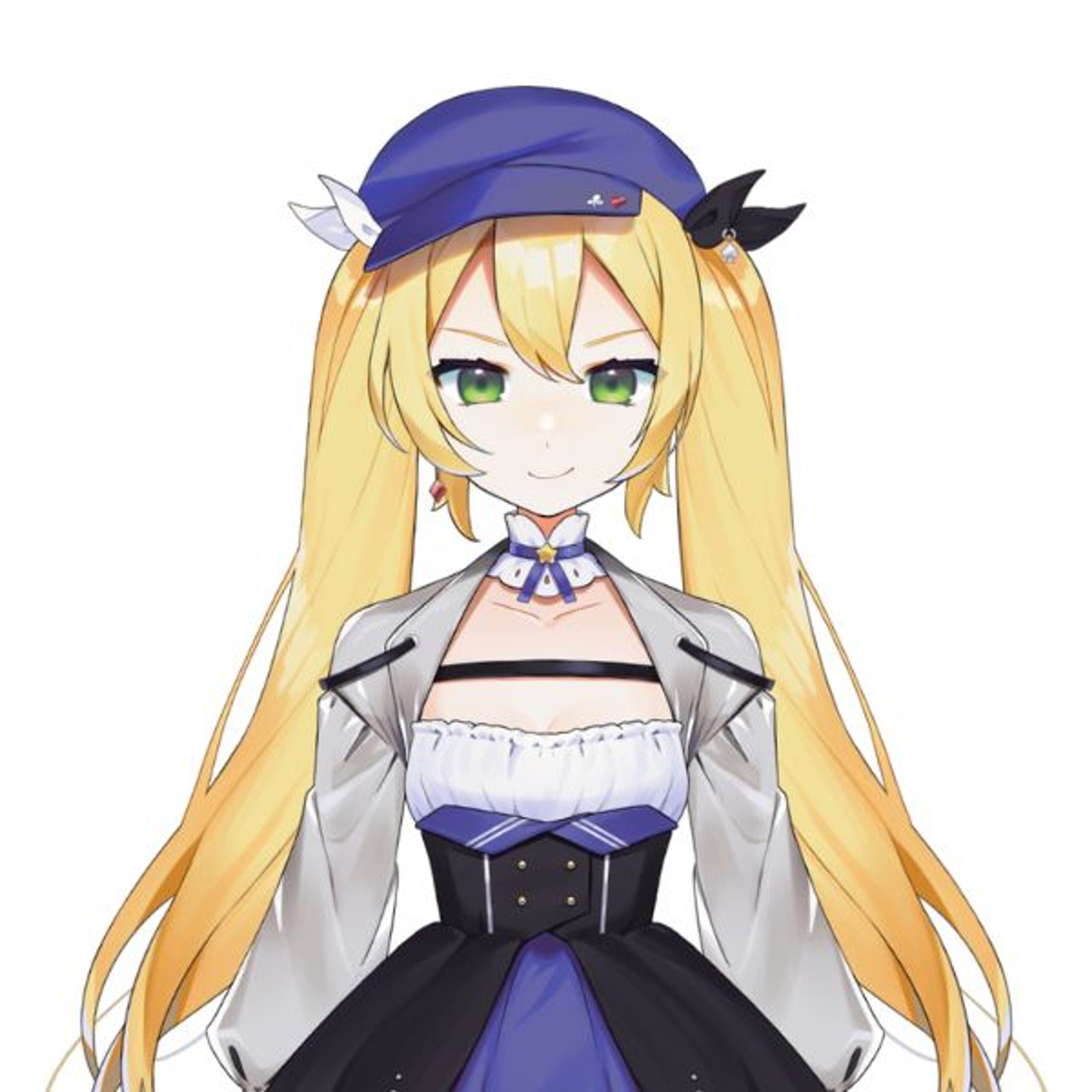 An anime-style character with blonde hair, a purple hat, and a black and white outfit