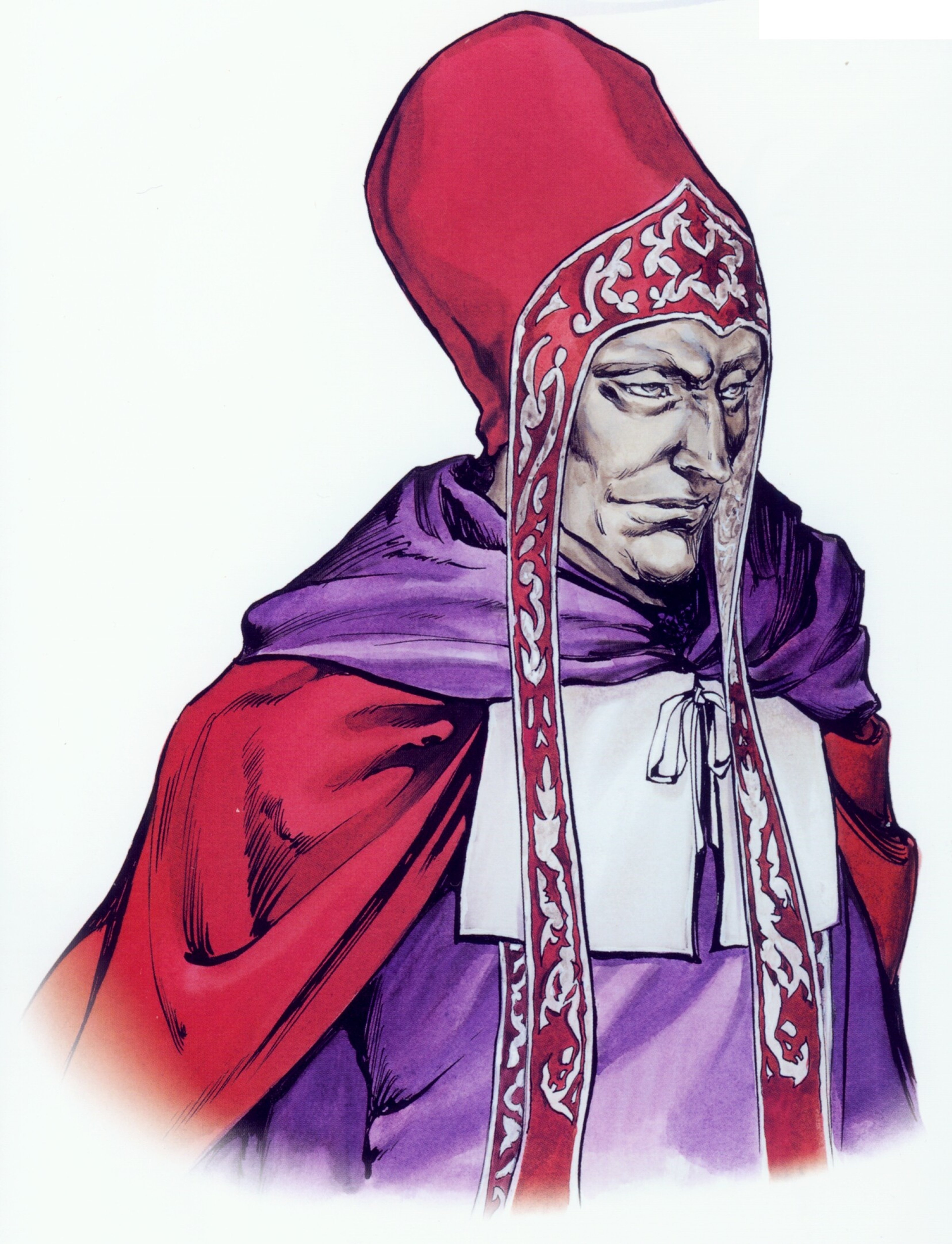 A dark, hooded figure with a sinister expression, wearing a red and purple robe with intricate patterns.