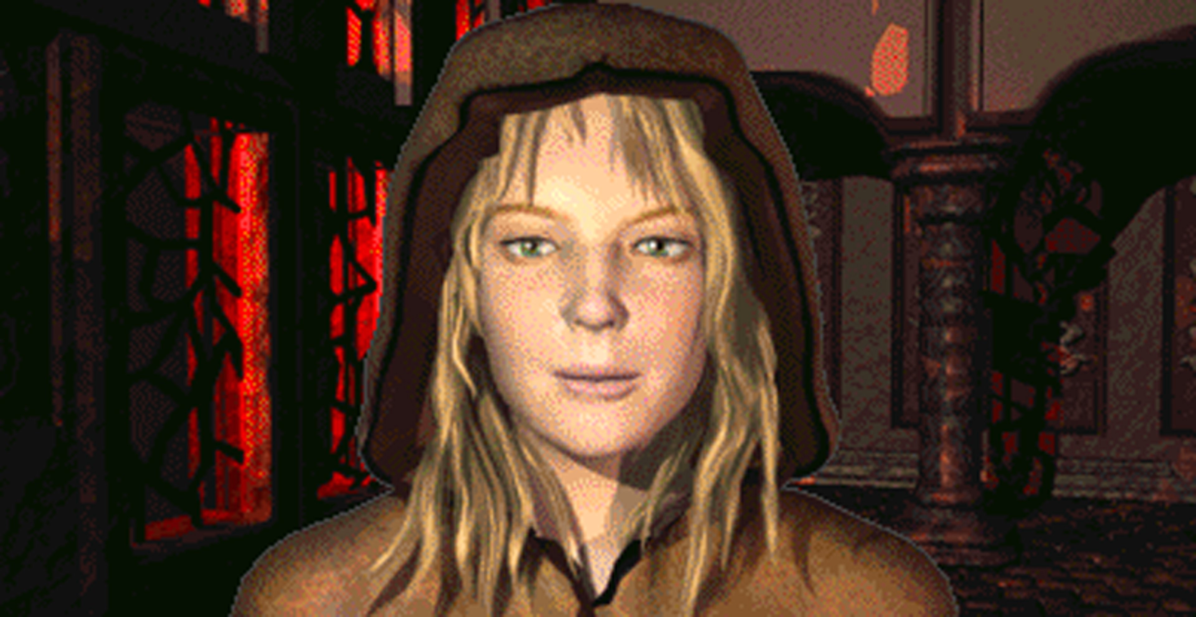 A young woman with blonde hair wearing a hooded cloak in a dimly lit, atmospheric environment.