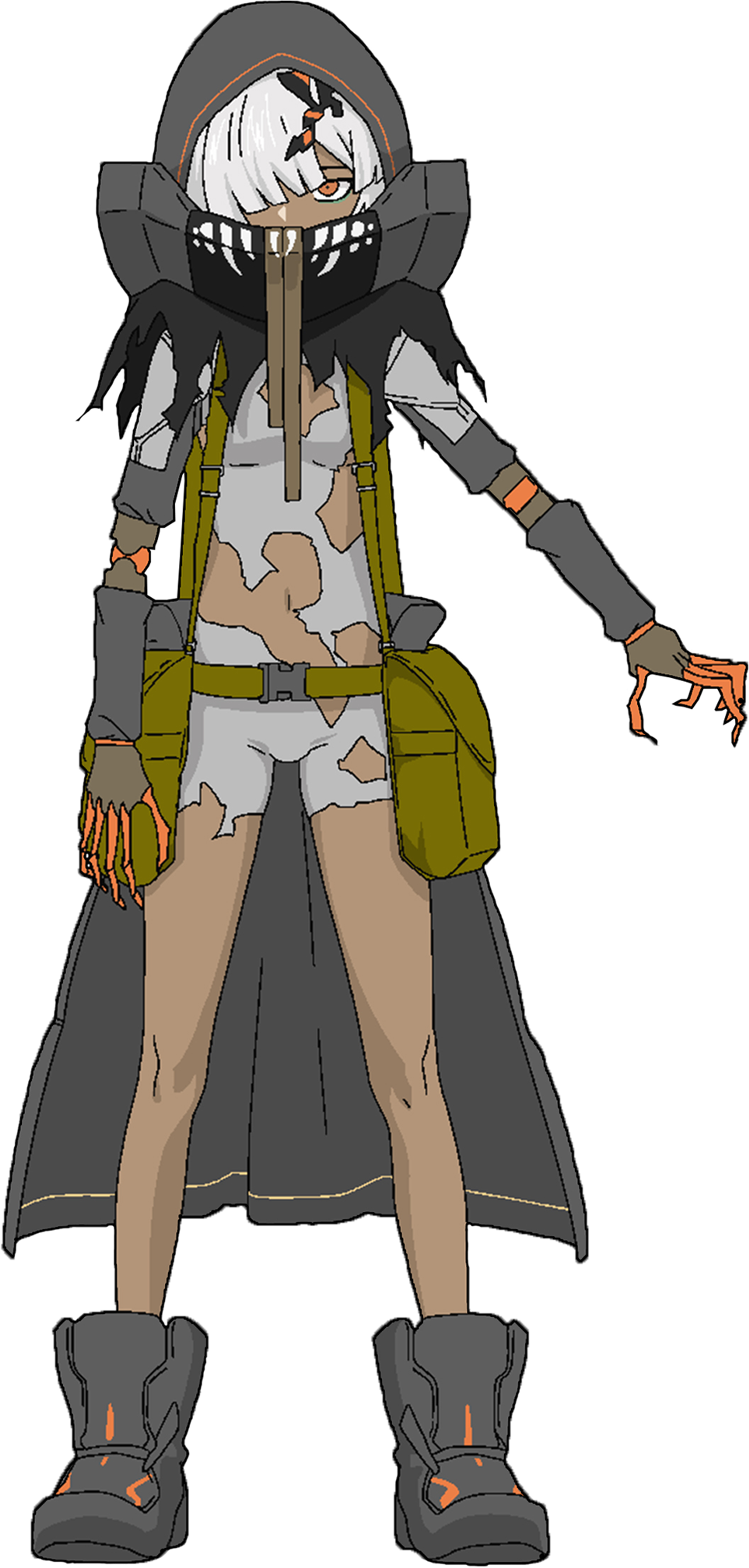 A complex and troubled young woman with tan skin, short white hair, and piercing orange eyes, wearing a tattered and worn outfit.