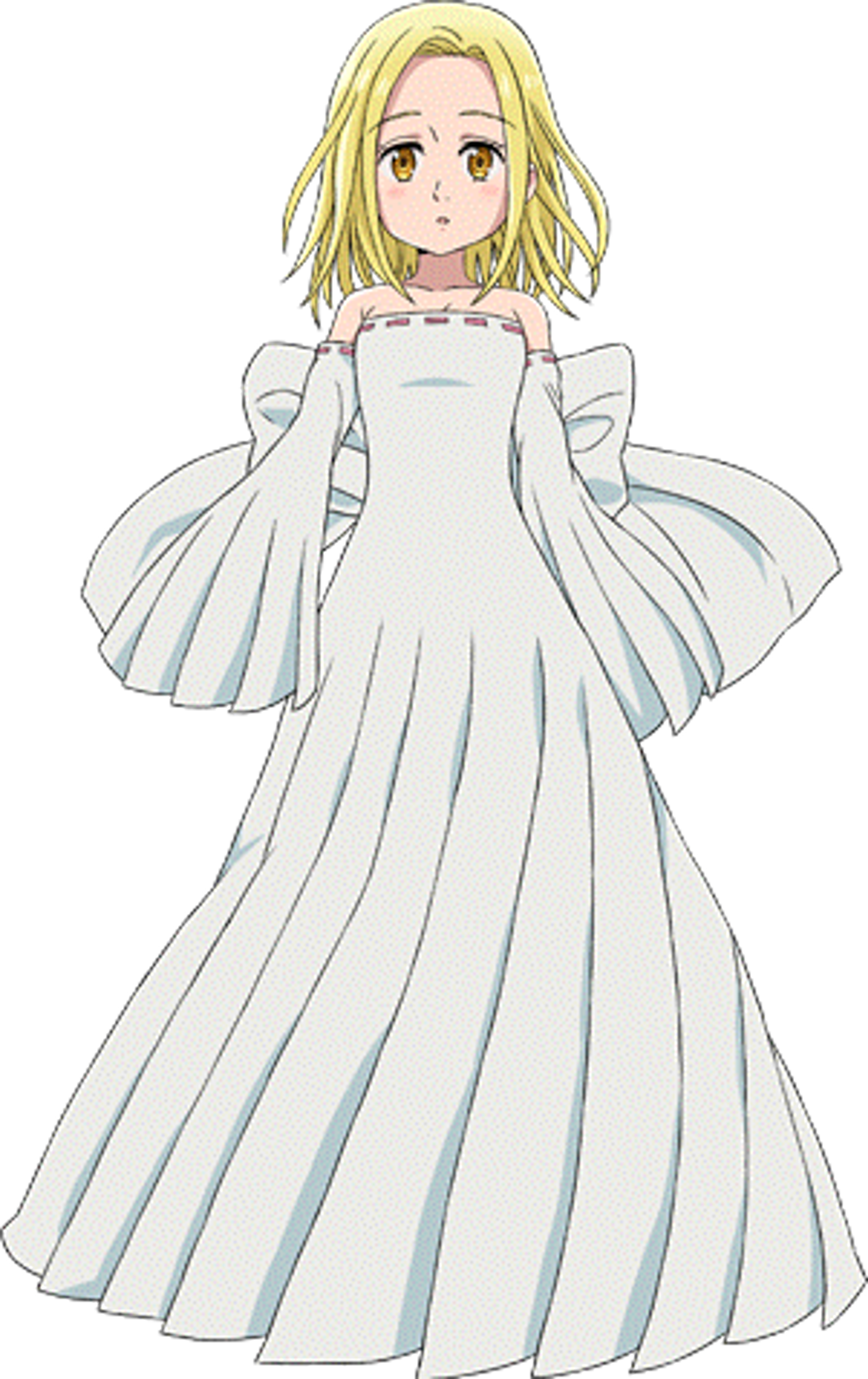 A young-looking female character with long blonde hair wearing a simple white dress