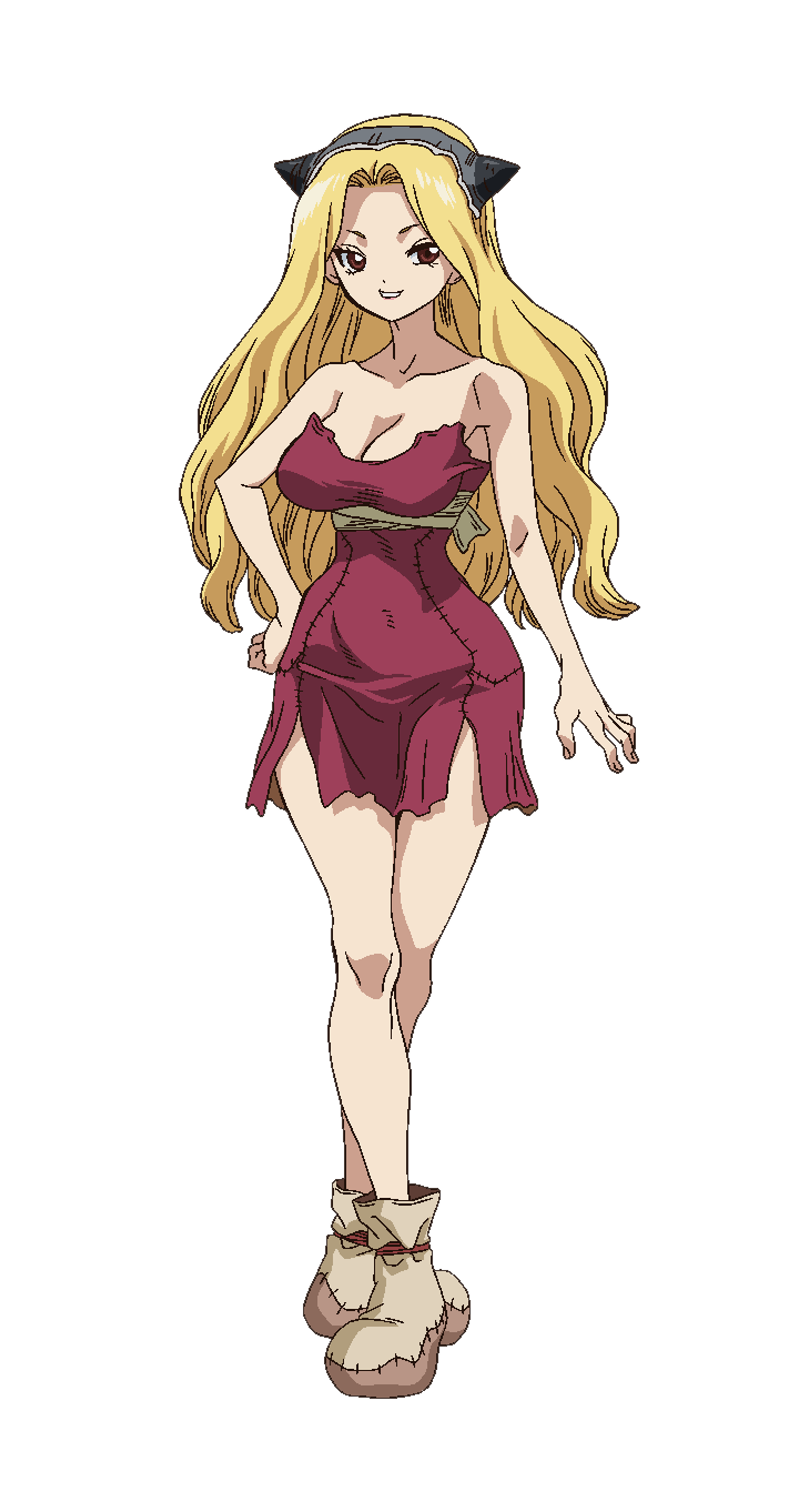 An anime-style illustration of a young woman with long blonde hair wearing a burgundy dress