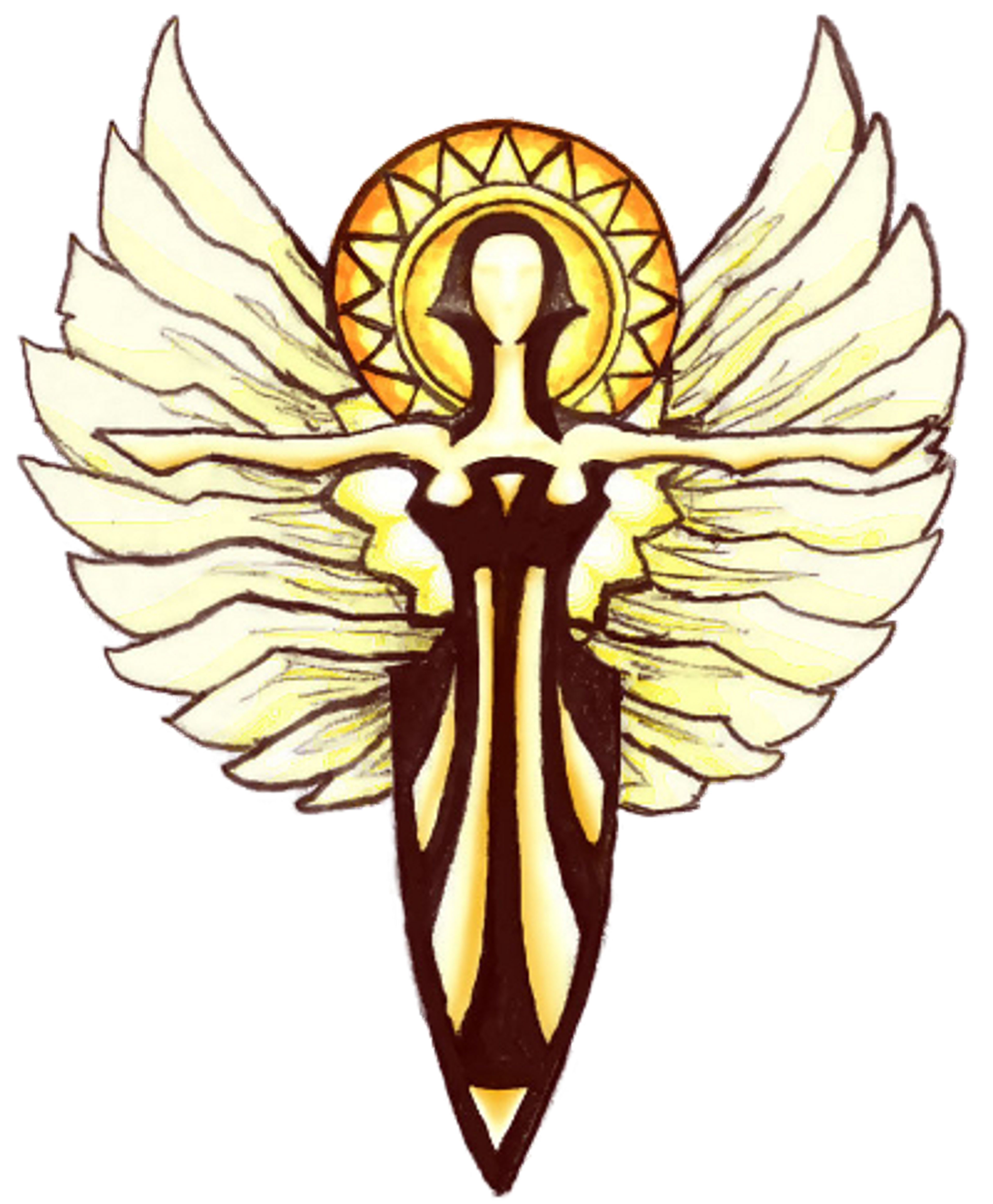 An illustration of a female angelic figure with large wings and a glowing halo.