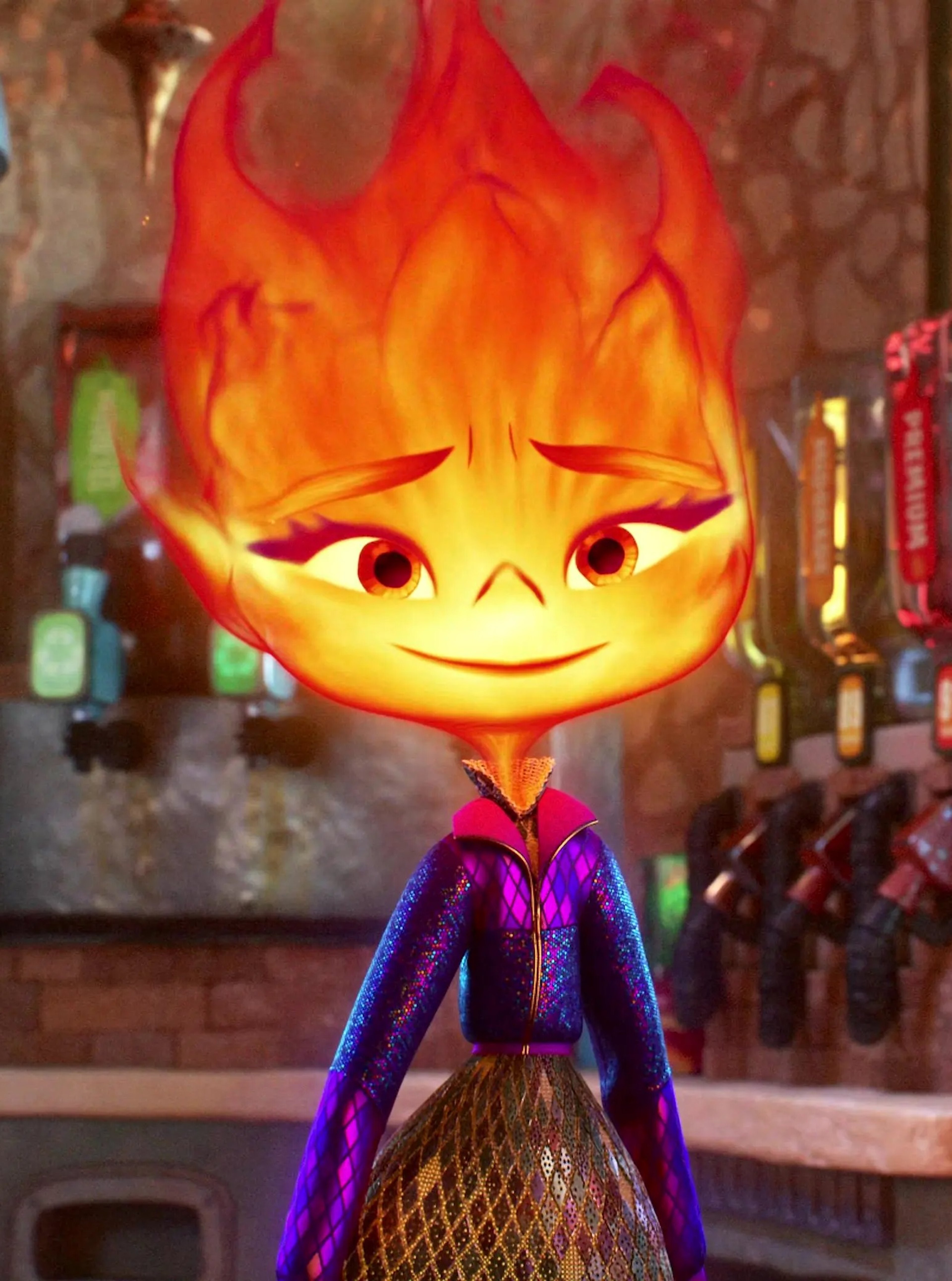 A fiery, animated character with a bright orange and yellow face resembling a flame.
