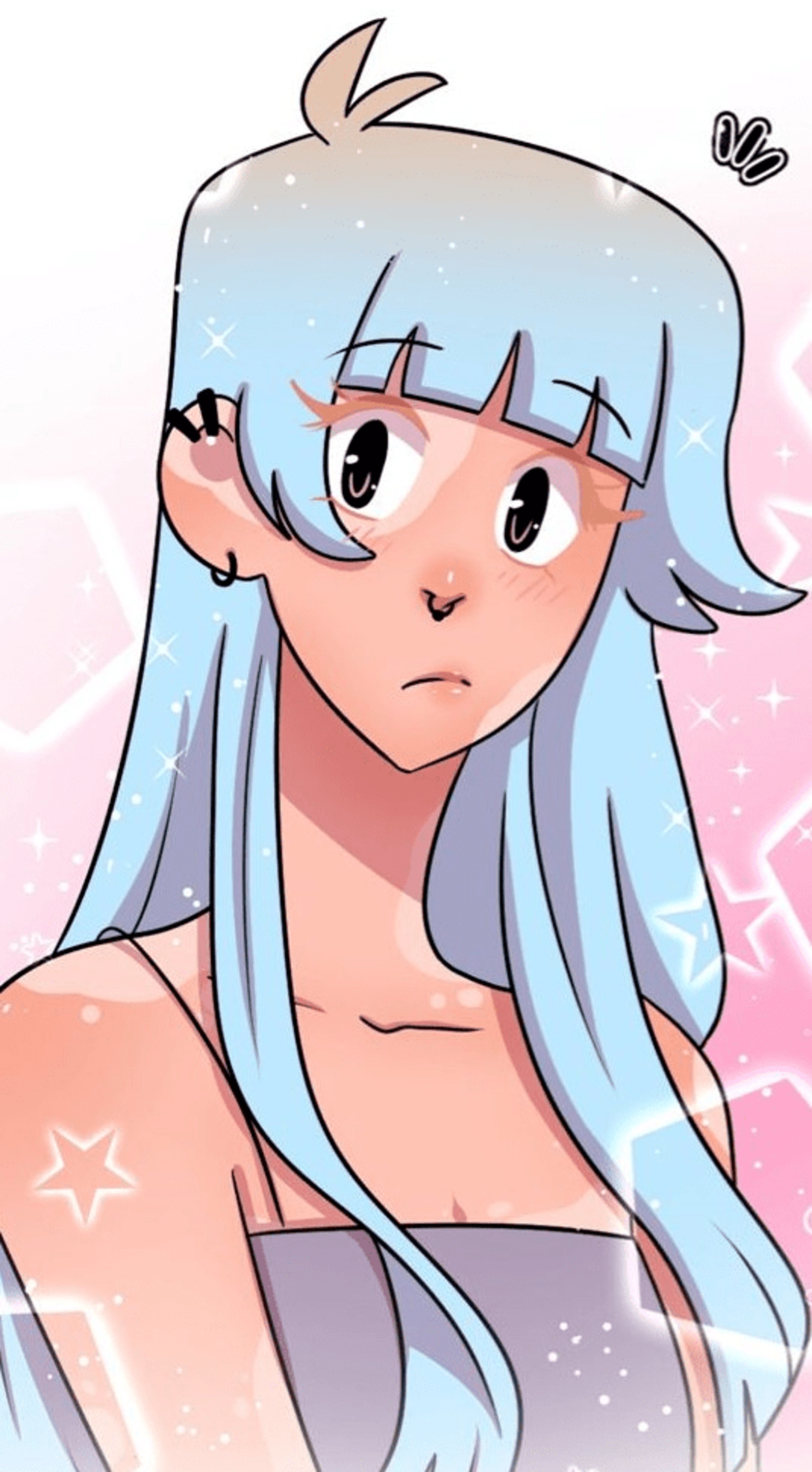An anime-style character with blue hair and a pink outfit, with a youthful expression and visible skin on her shoulders and upper chest.