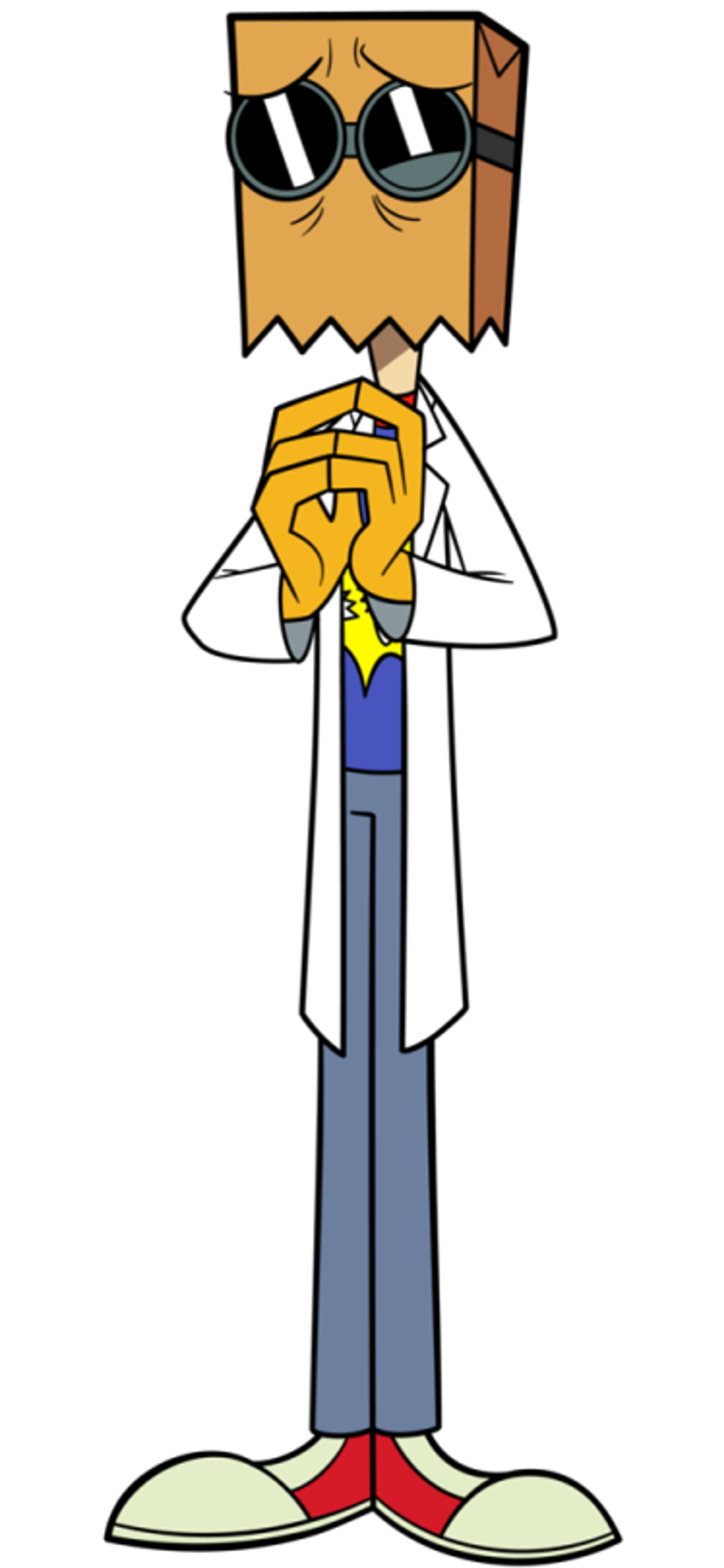 An animated character wearing a paper bag mask, goggles, and a lab coat