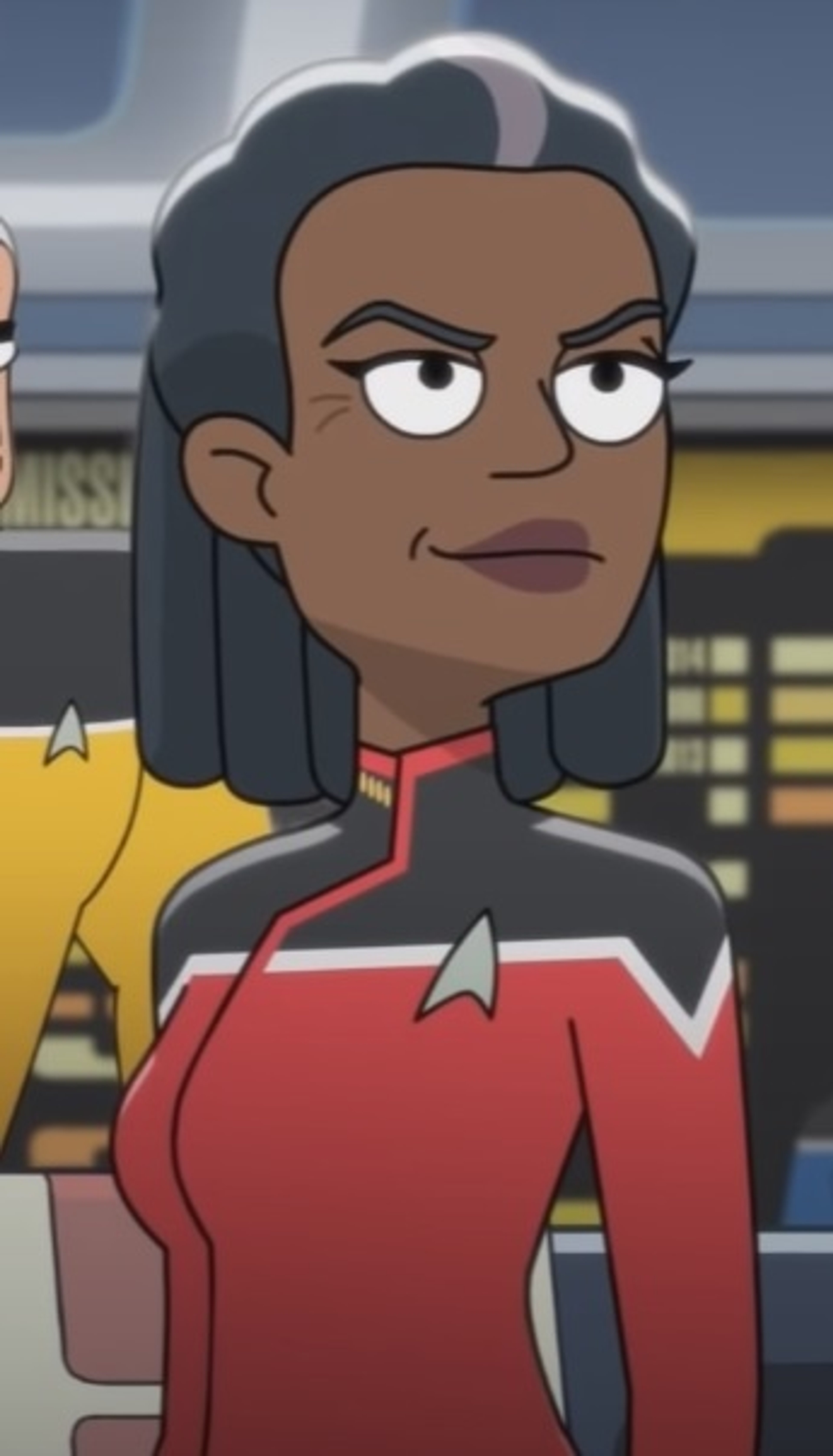 An animated Starfleet captain with short dark hair wearing a red and black uniform