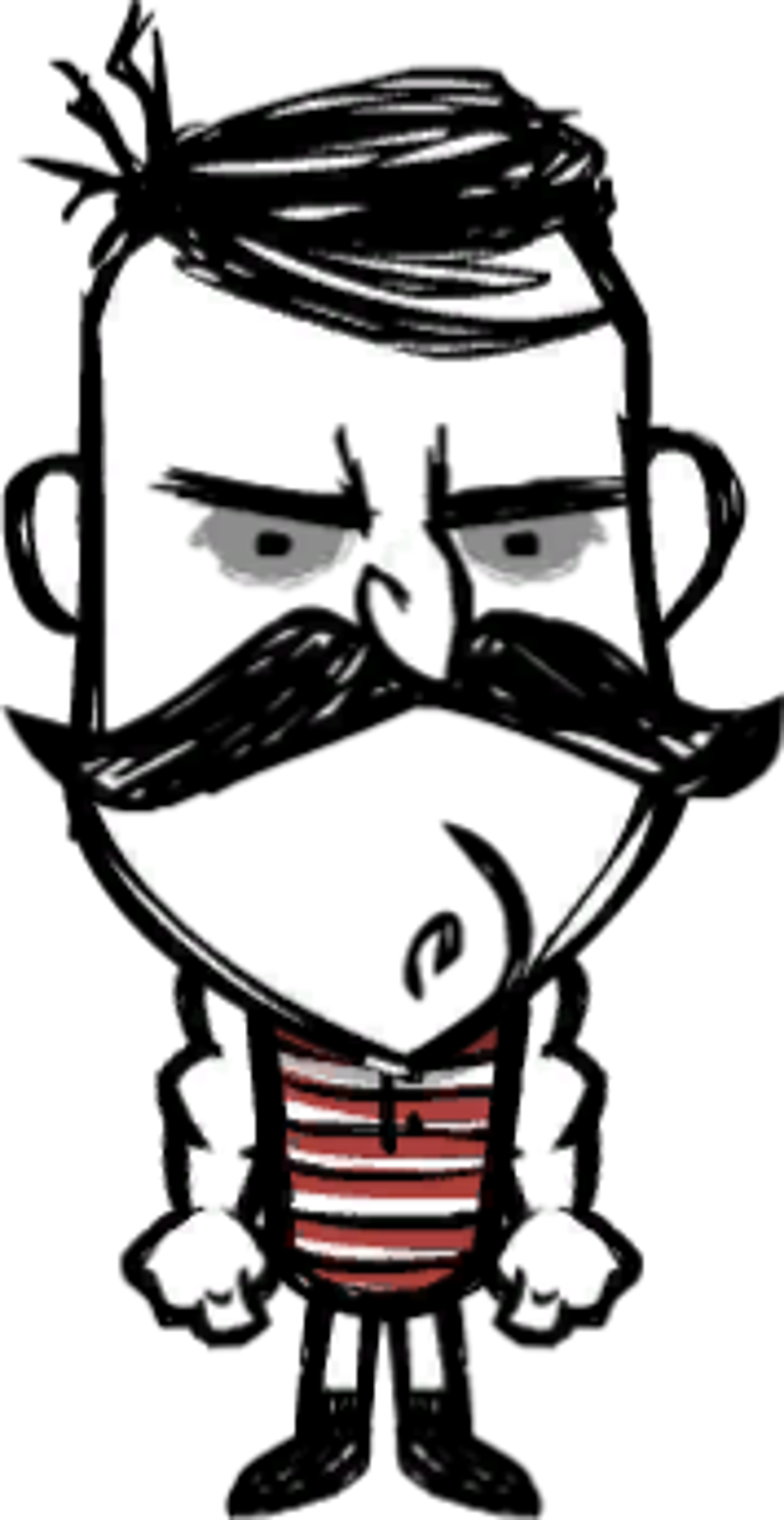 A cartoon illustration of a muscular, bald-headed man with a handlebar mustache wearing a red and white striped bodysuit.