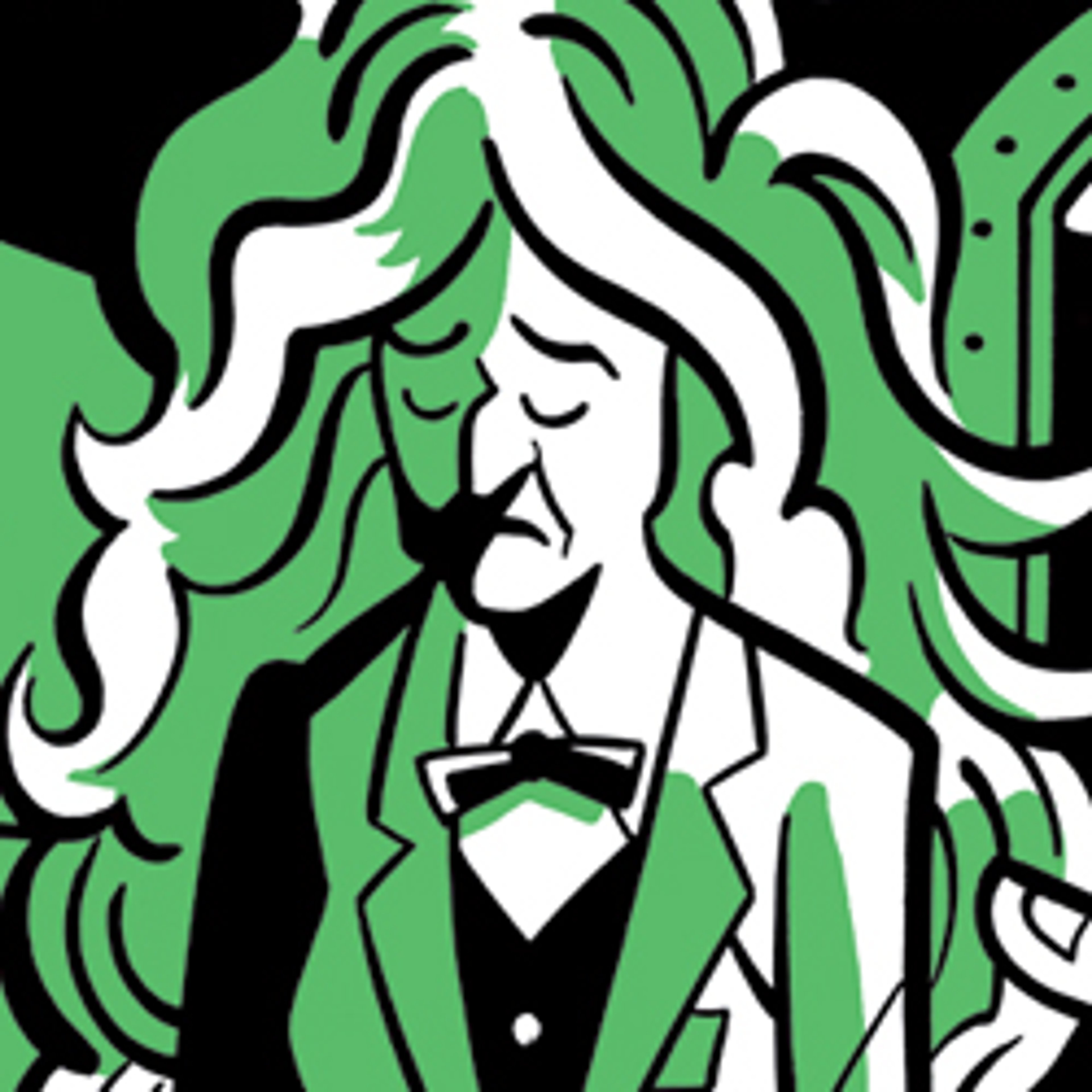 A woman with wild, dark hair wearing a dark suit and bow tie