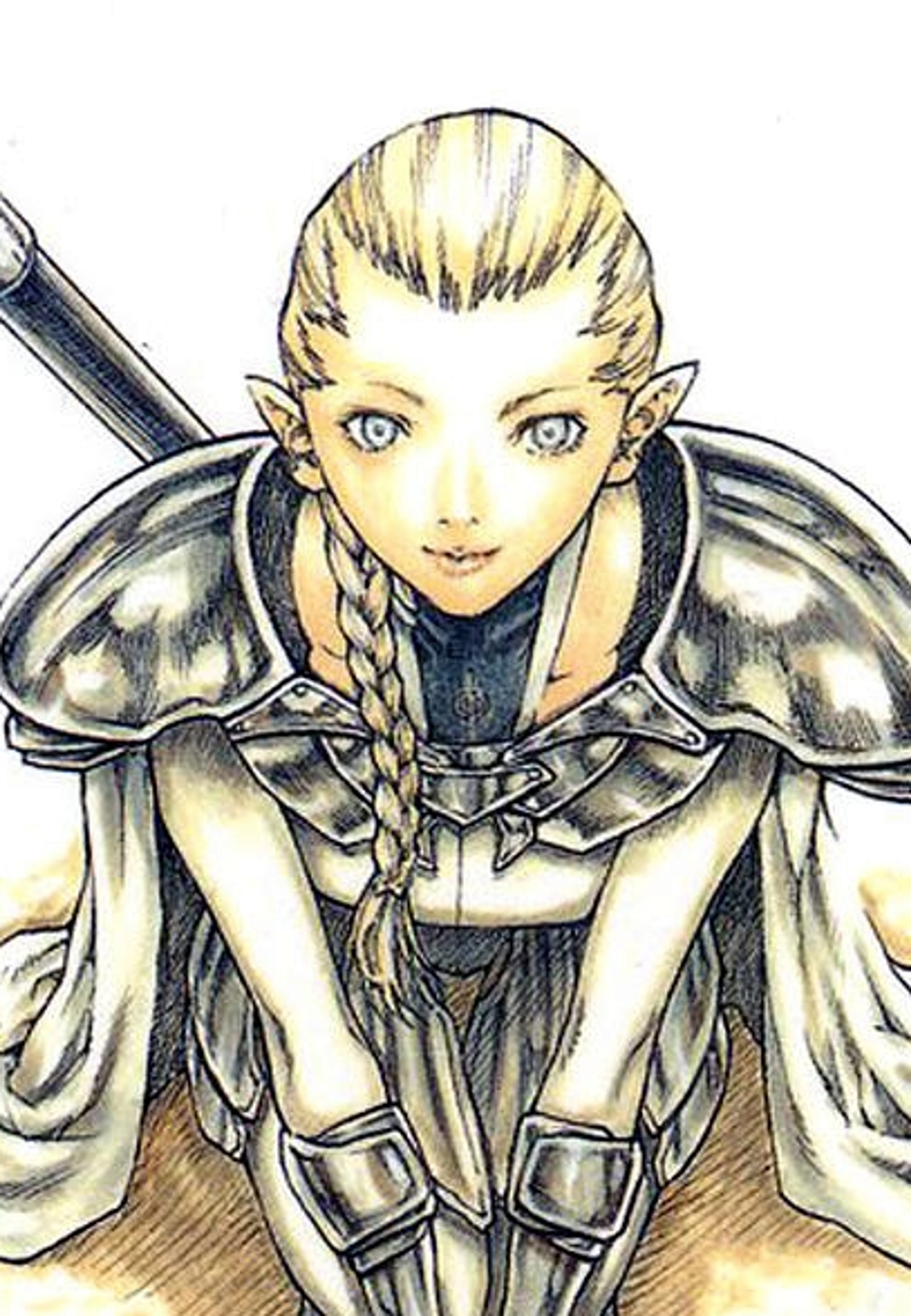 A detailed illustration of a female character with pale, braided hair and an elf-like appearance, wearing a dark outfit with armor-like elements.