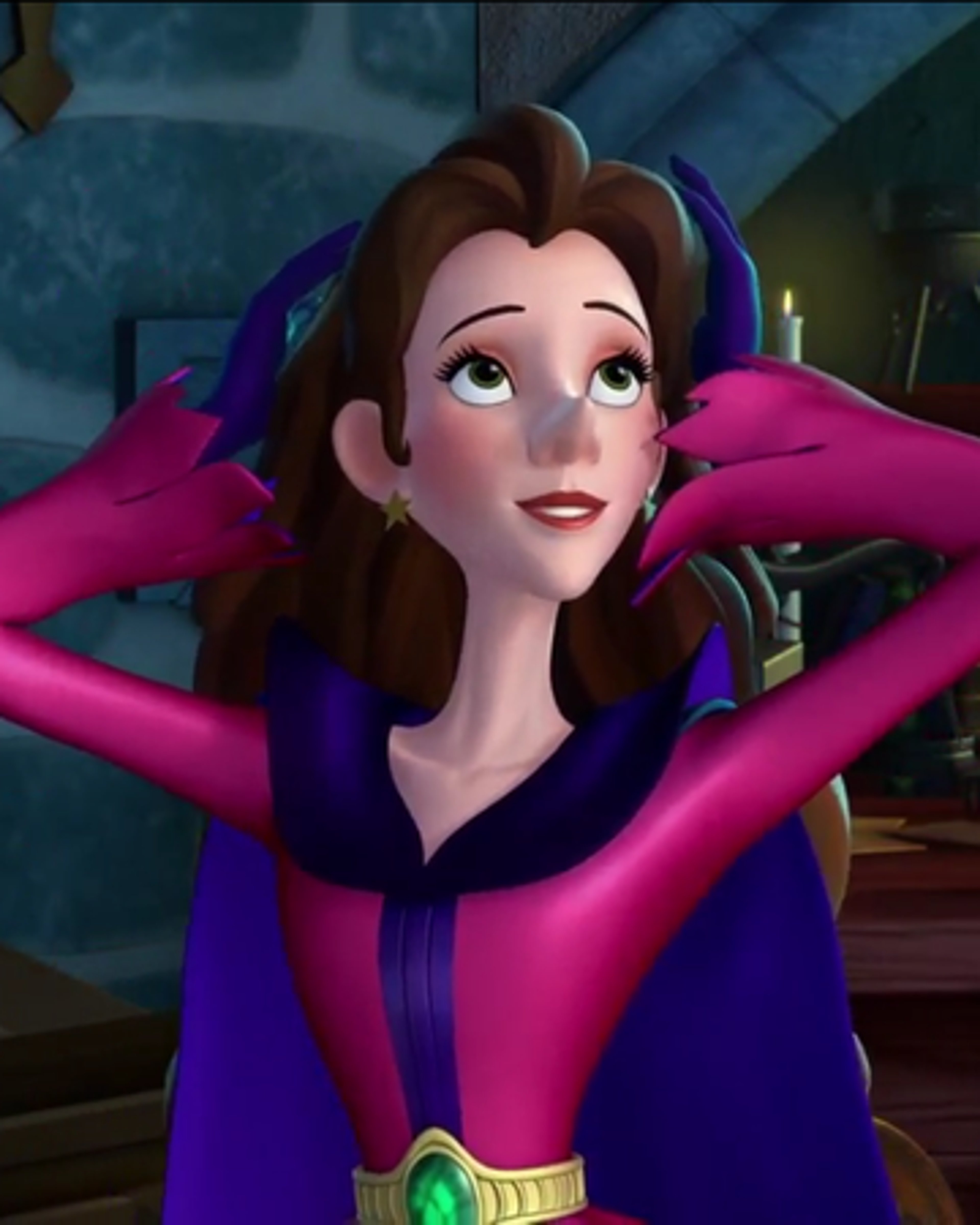 A female character with an elaborate hairstyle and bold, theatrical expression wearing a colorful magical outfit