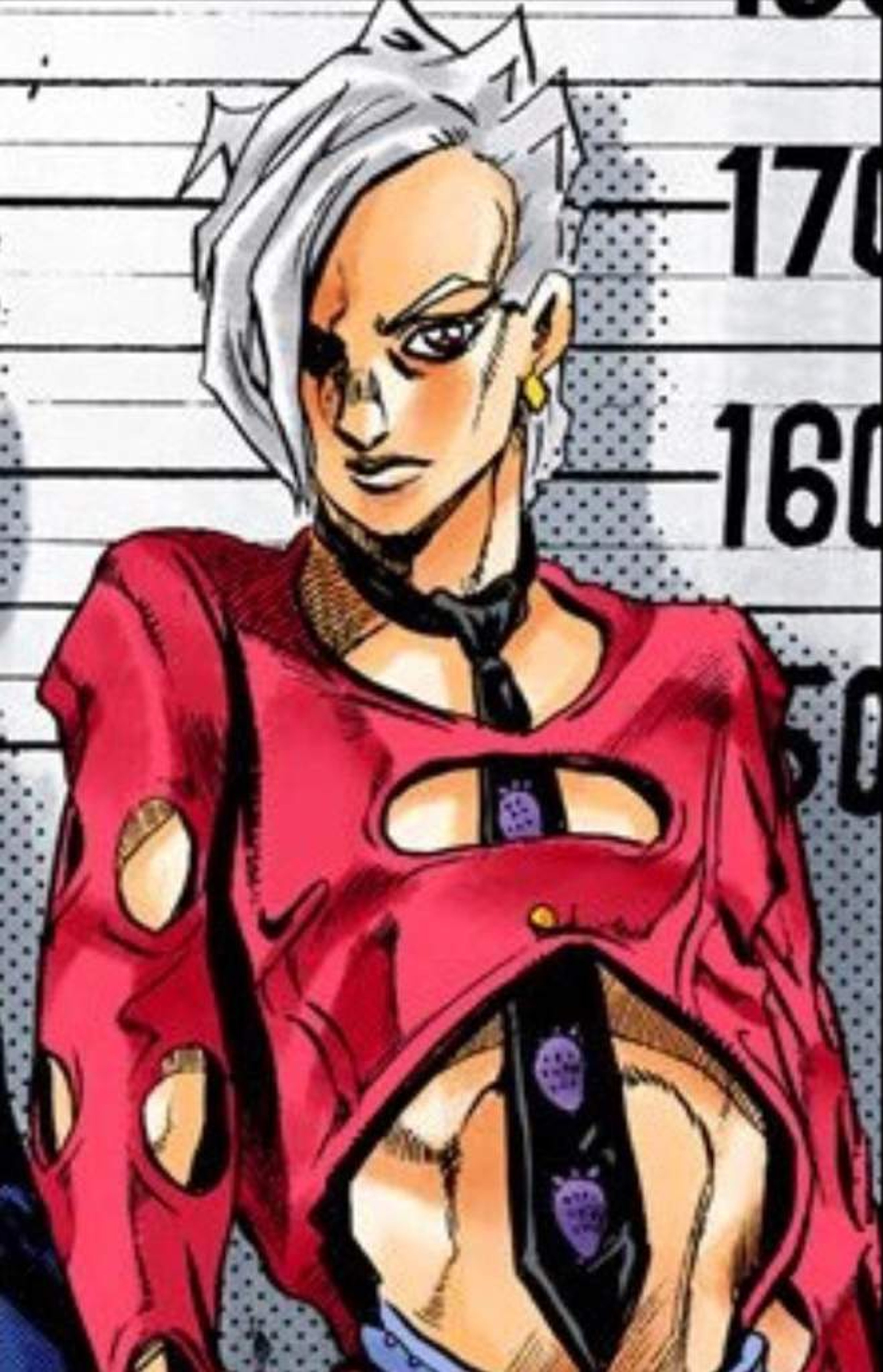 A young man with white hair and a red and black outfit with holes, in a confrontational pose.