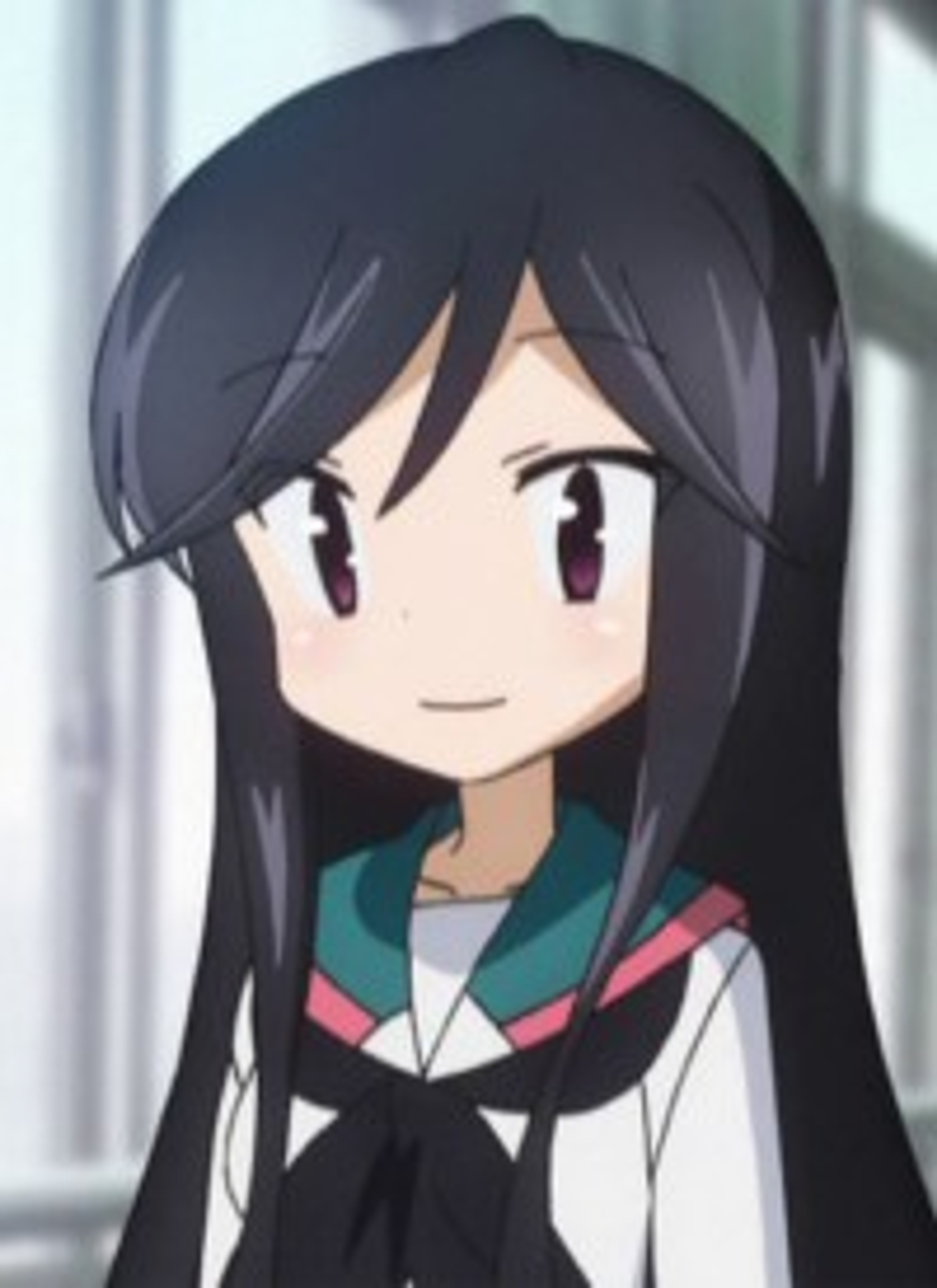 An anime-style character with long black hair and purple eyes, wearing a school uniform.