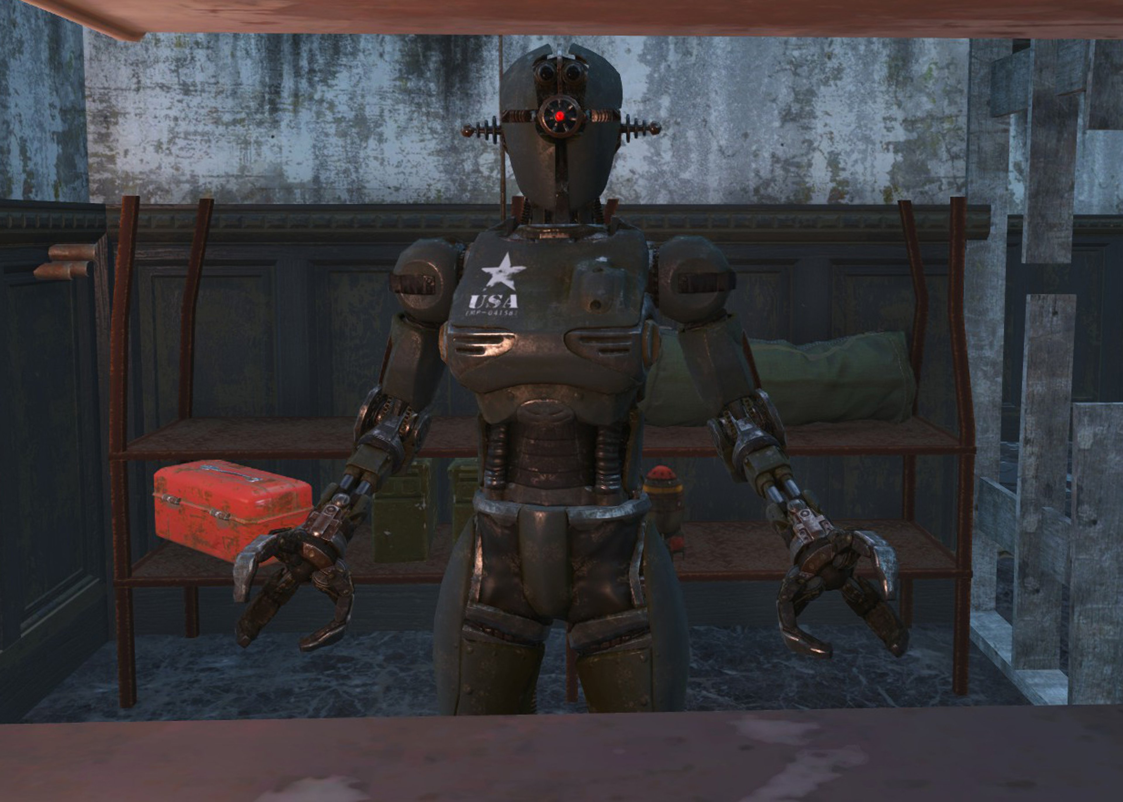 An Assaultron robot character from the Fallout video game universe