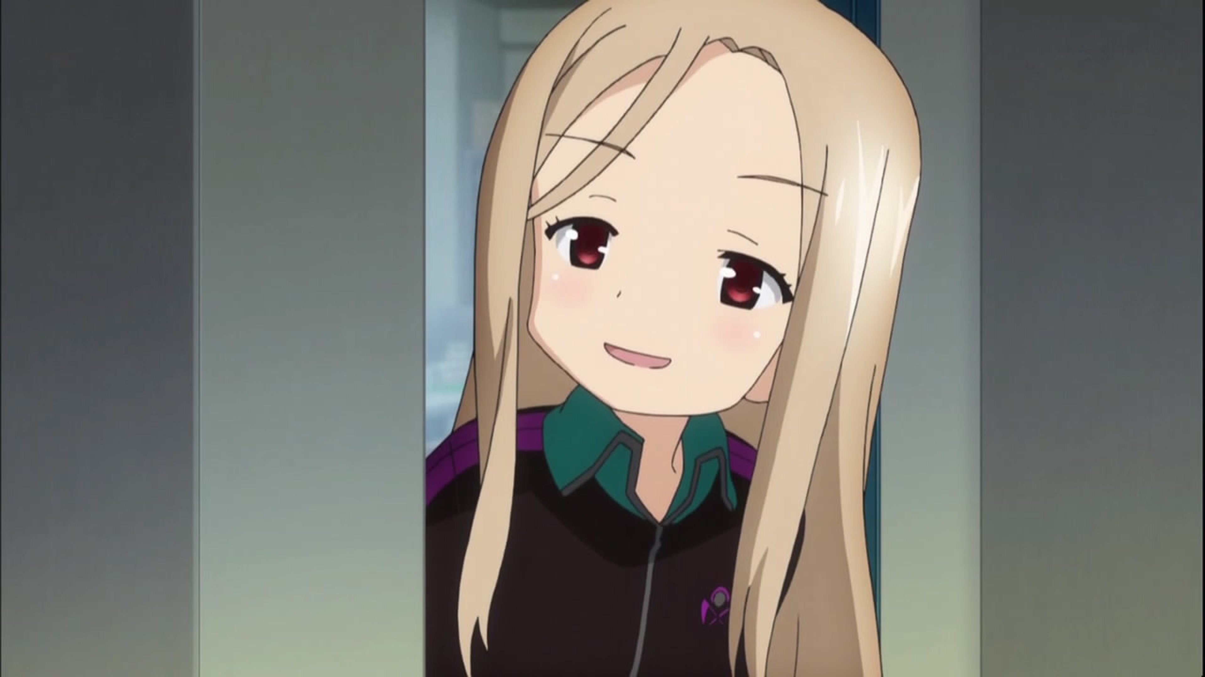 An anime-style character with long, light-colored hair and a friendly expression, wearing a black outfit with a high collar.