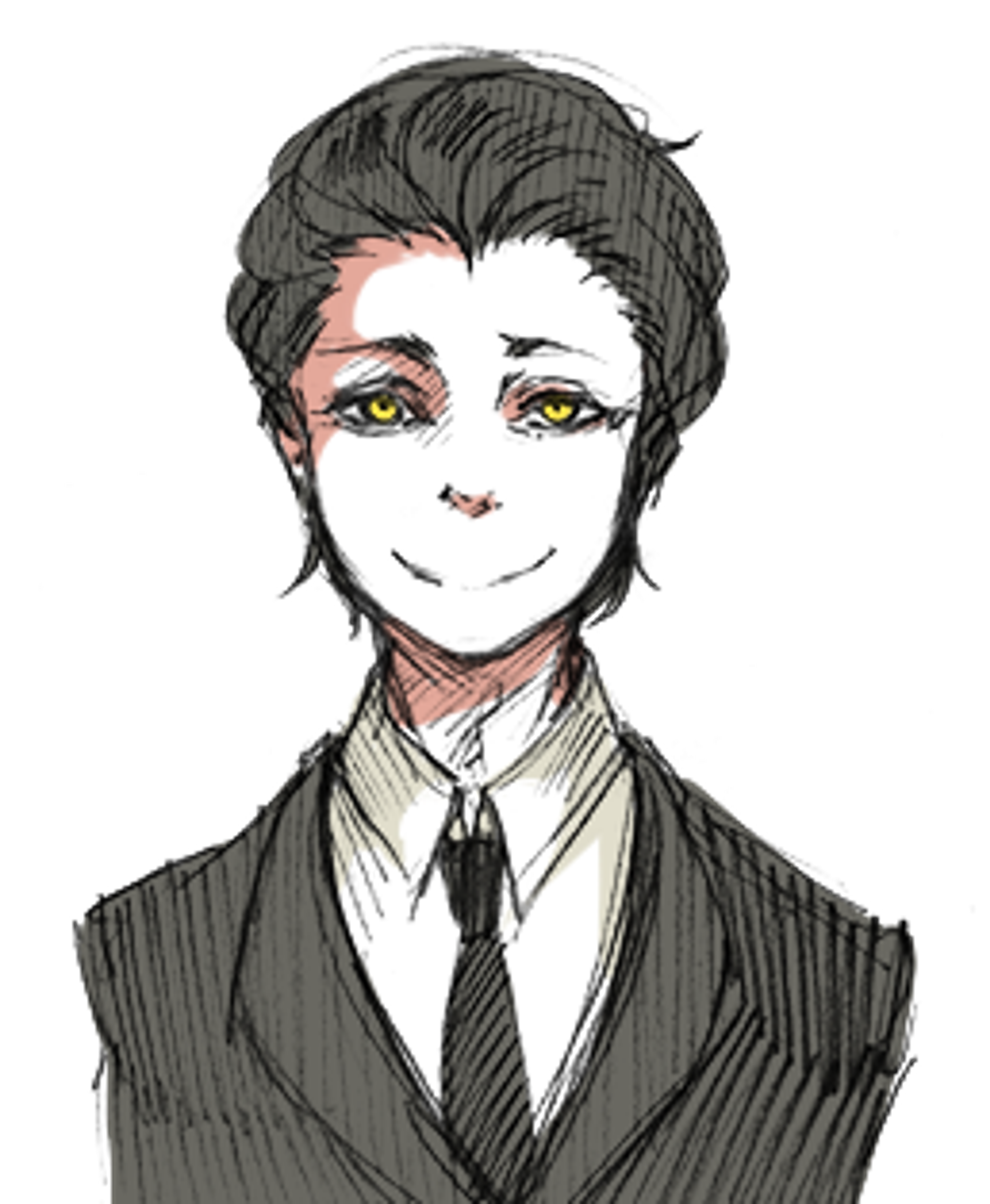An anime-style illustration of a young man with short dark hair, wearing a suit and tie, and having bright yellow eyes.