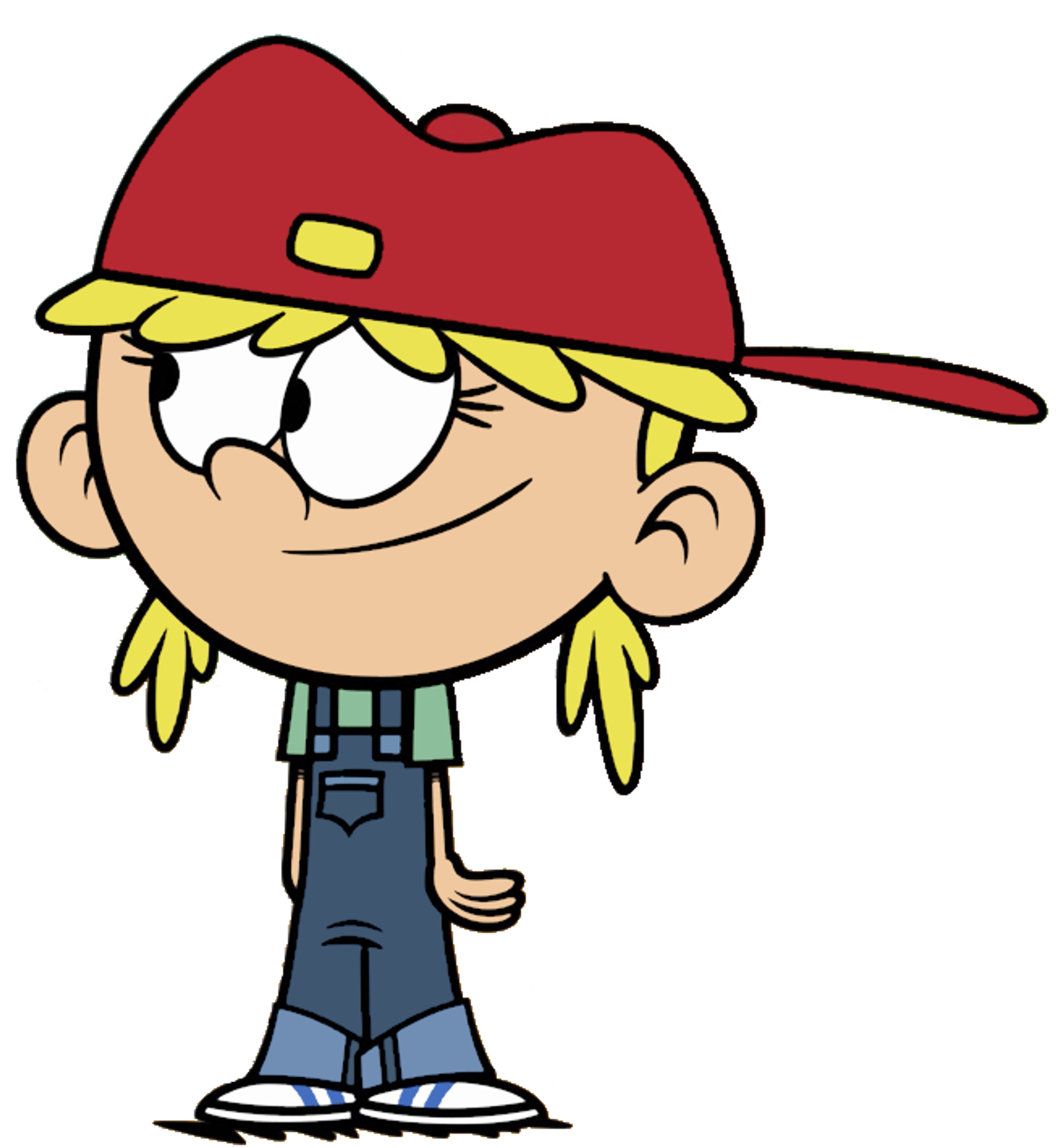 A young cartoon character with a red baseball cap, pink and blue shirt, muddy shorts, and rubber boots.