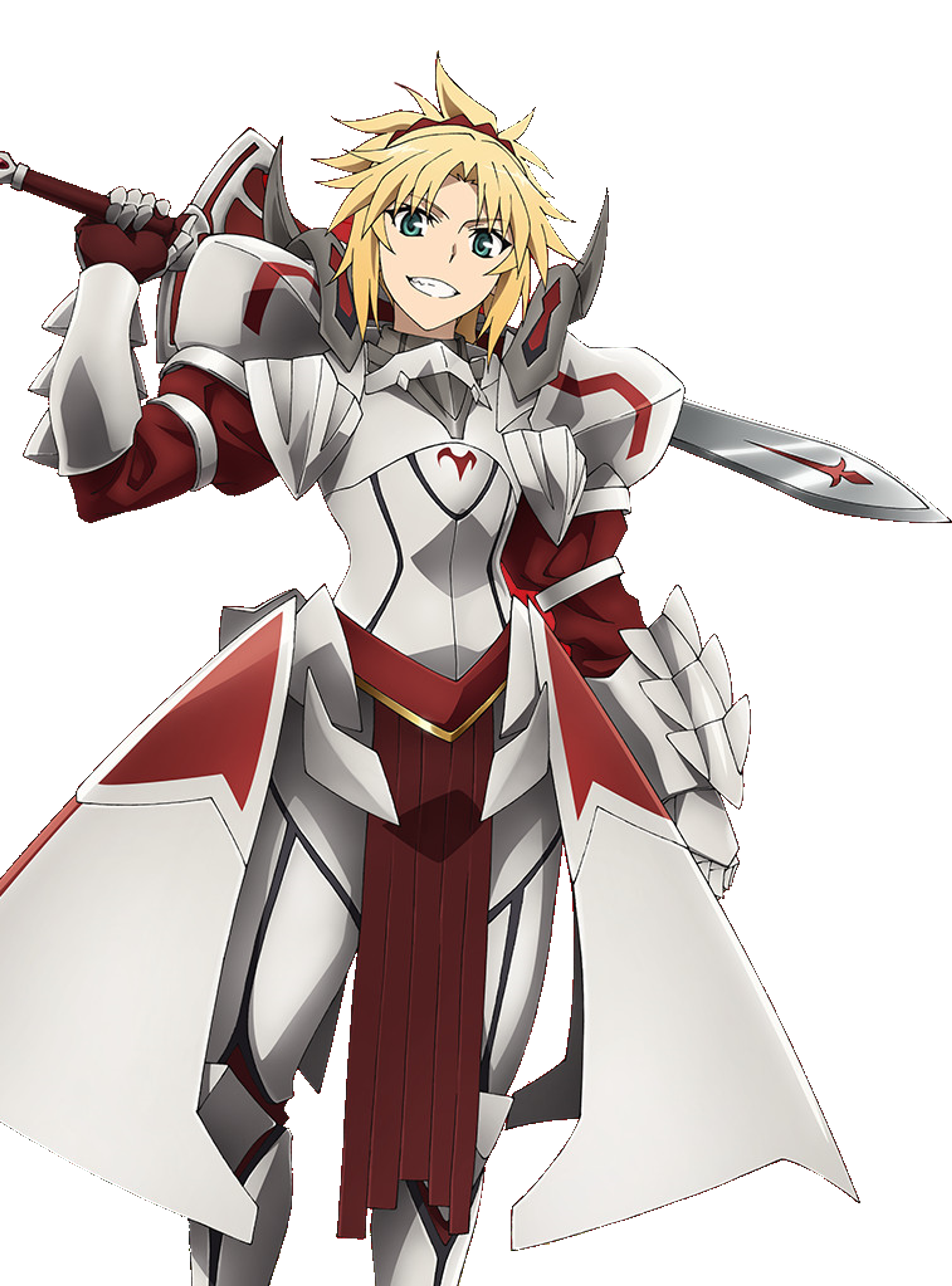 A female knight in red and white armor wielding a sword