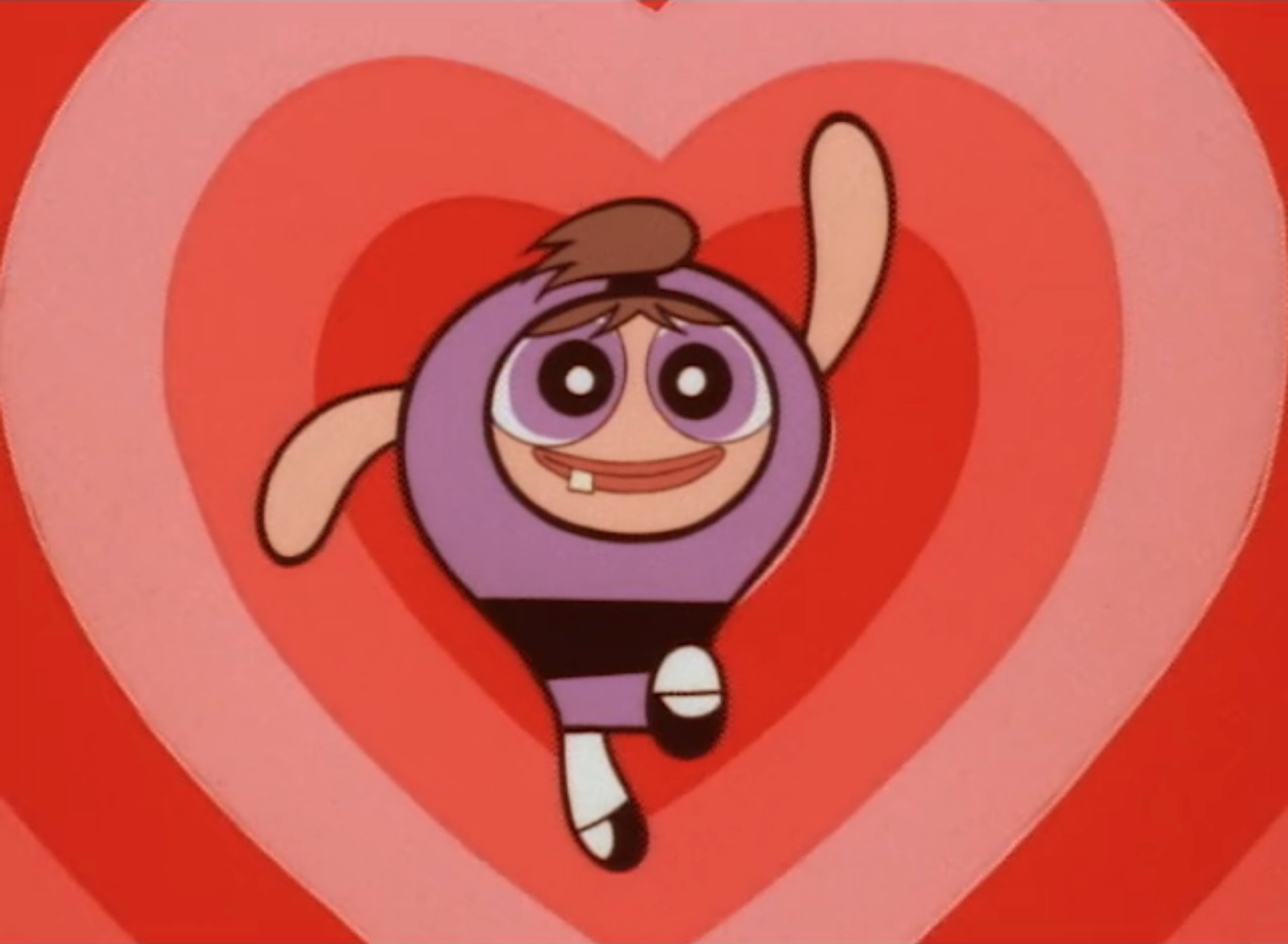 A large, hunchbacked character with uneven teeth, big lips, and a brown ponytail, who appears to be the fourth Powerpuff Girl named Bunny.