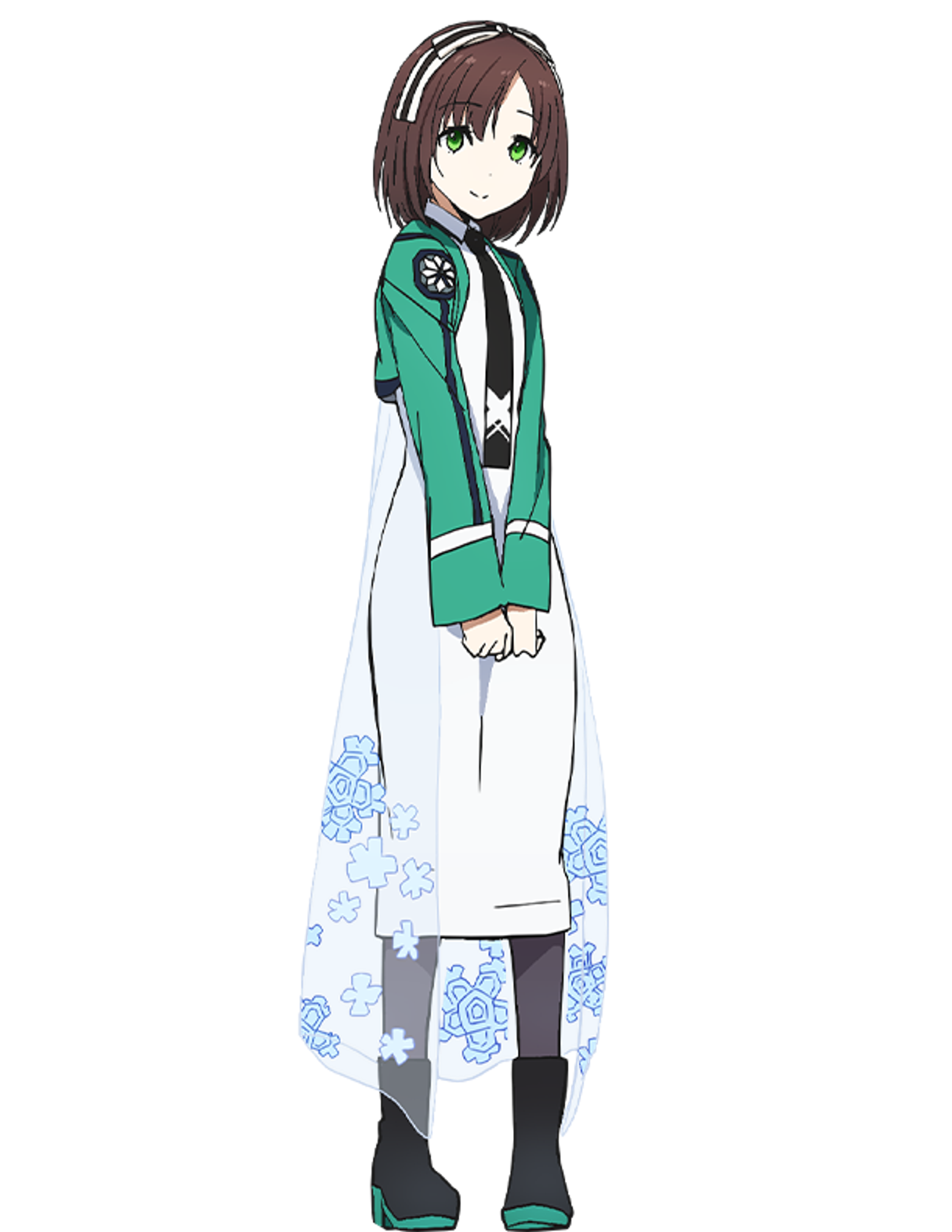 A young woman in a school uniform with a straight bob haircut and bangs