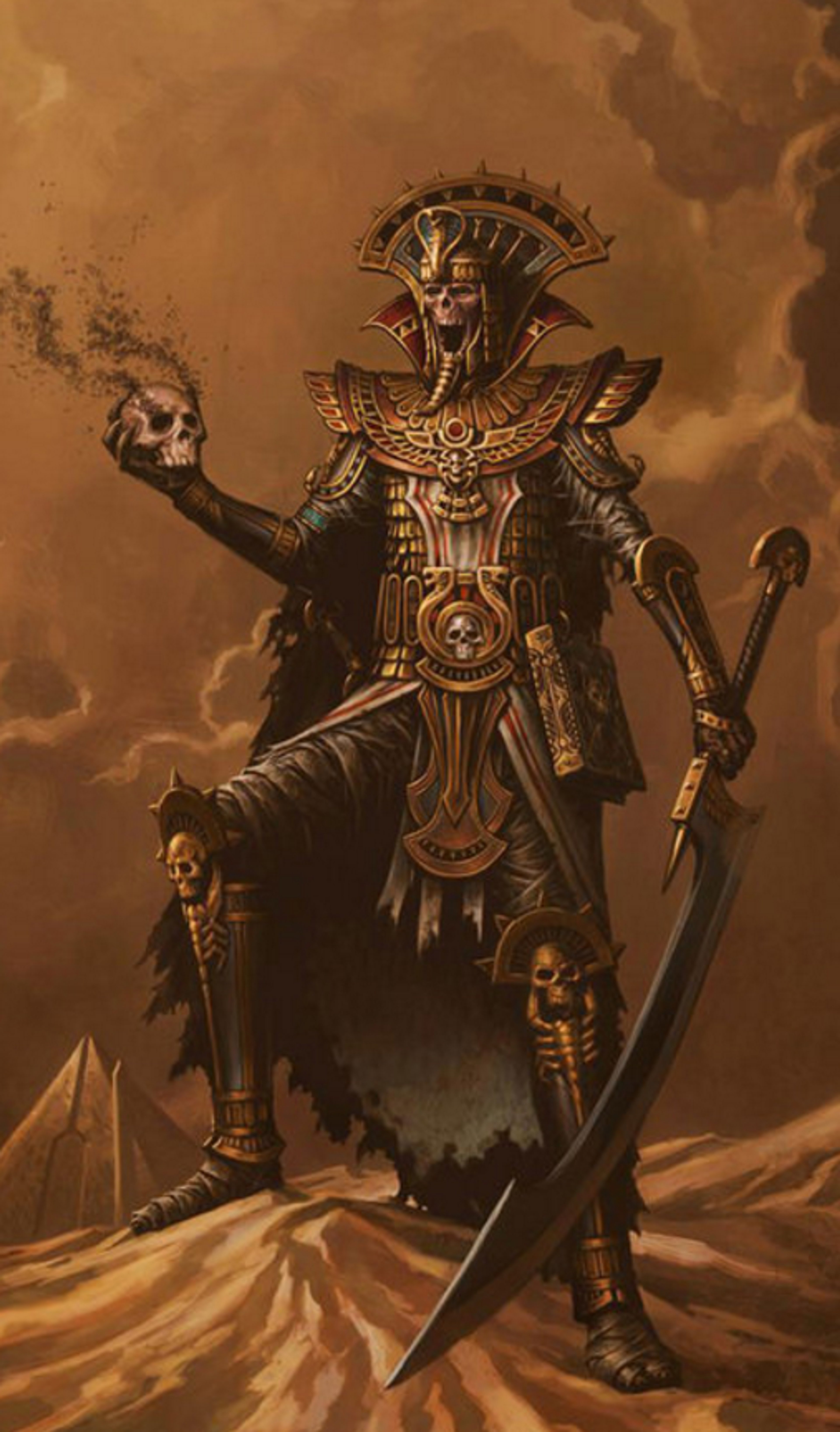 A skeletal warrior king in golden armor and robes, holding a scepter or staff, standing in a desert landscape with pyramids in the background.