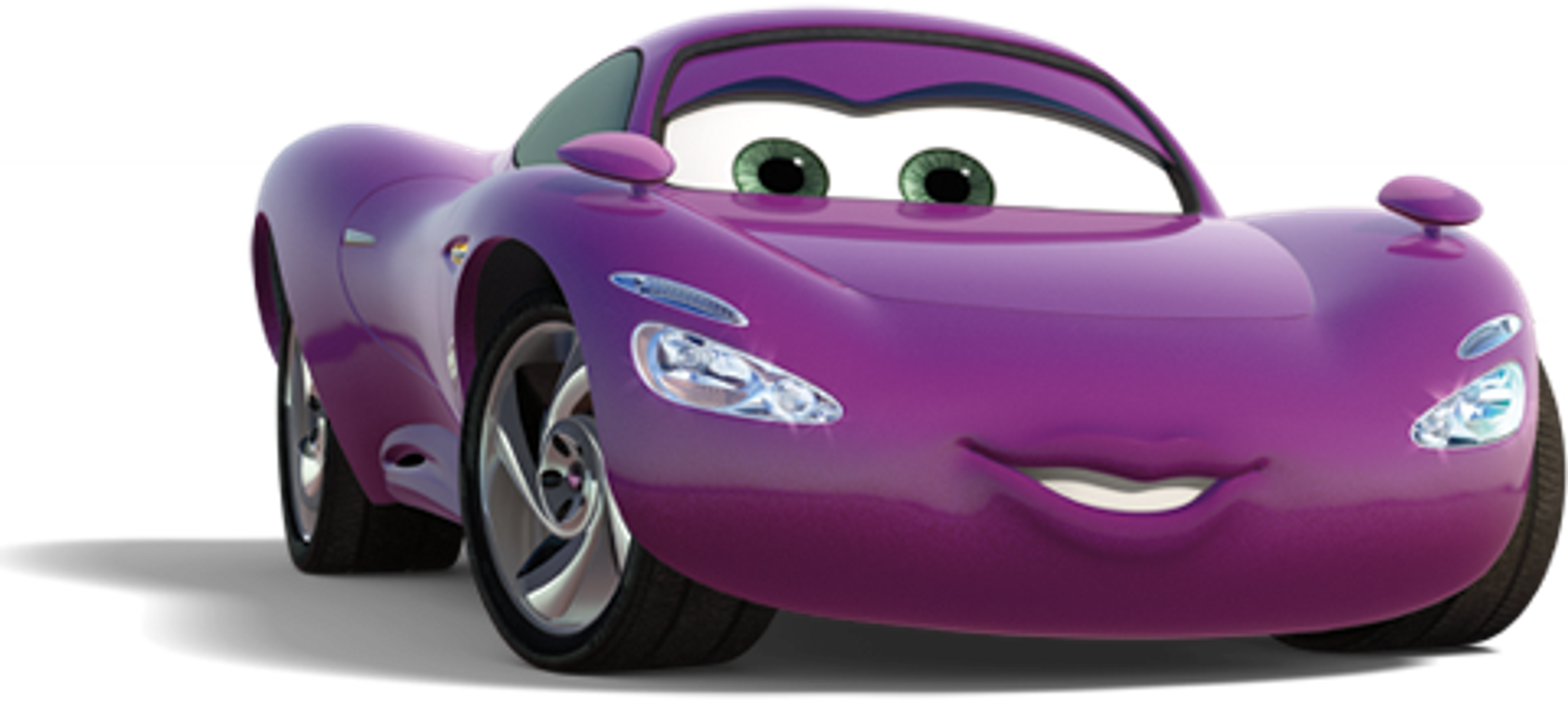 A purple sports car with large eyes and a feminine design