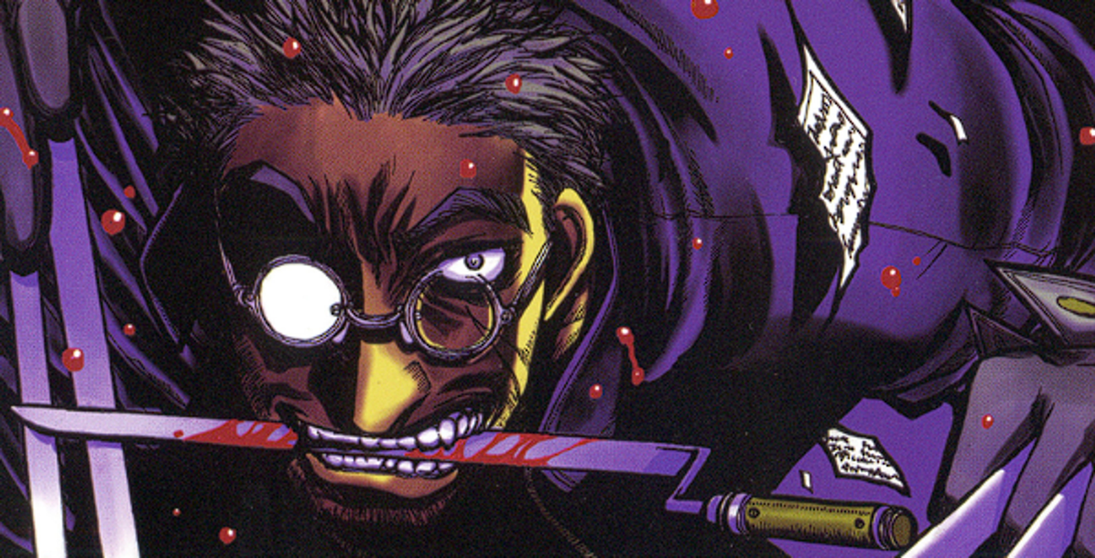 A detailed illustration of a Catholic priest or agent with short silver hair, purple eyes, and a scar on their face, wearing a long purple cassock and clerical collar.