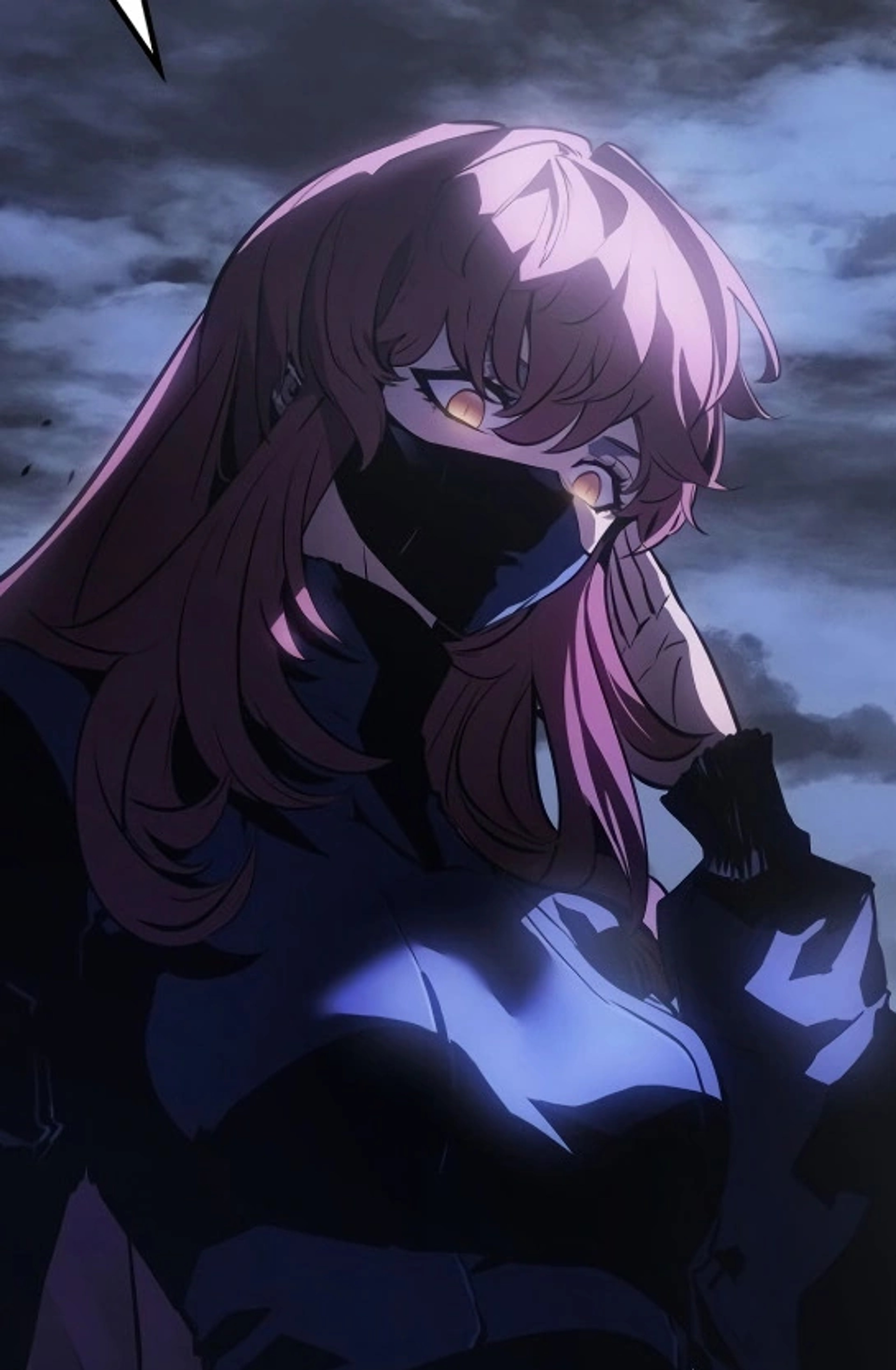 Baek Miho, an A-Rank Hunter with magenta hair and yellow cat-like eyes, wearing magenta armor with gold and black trim