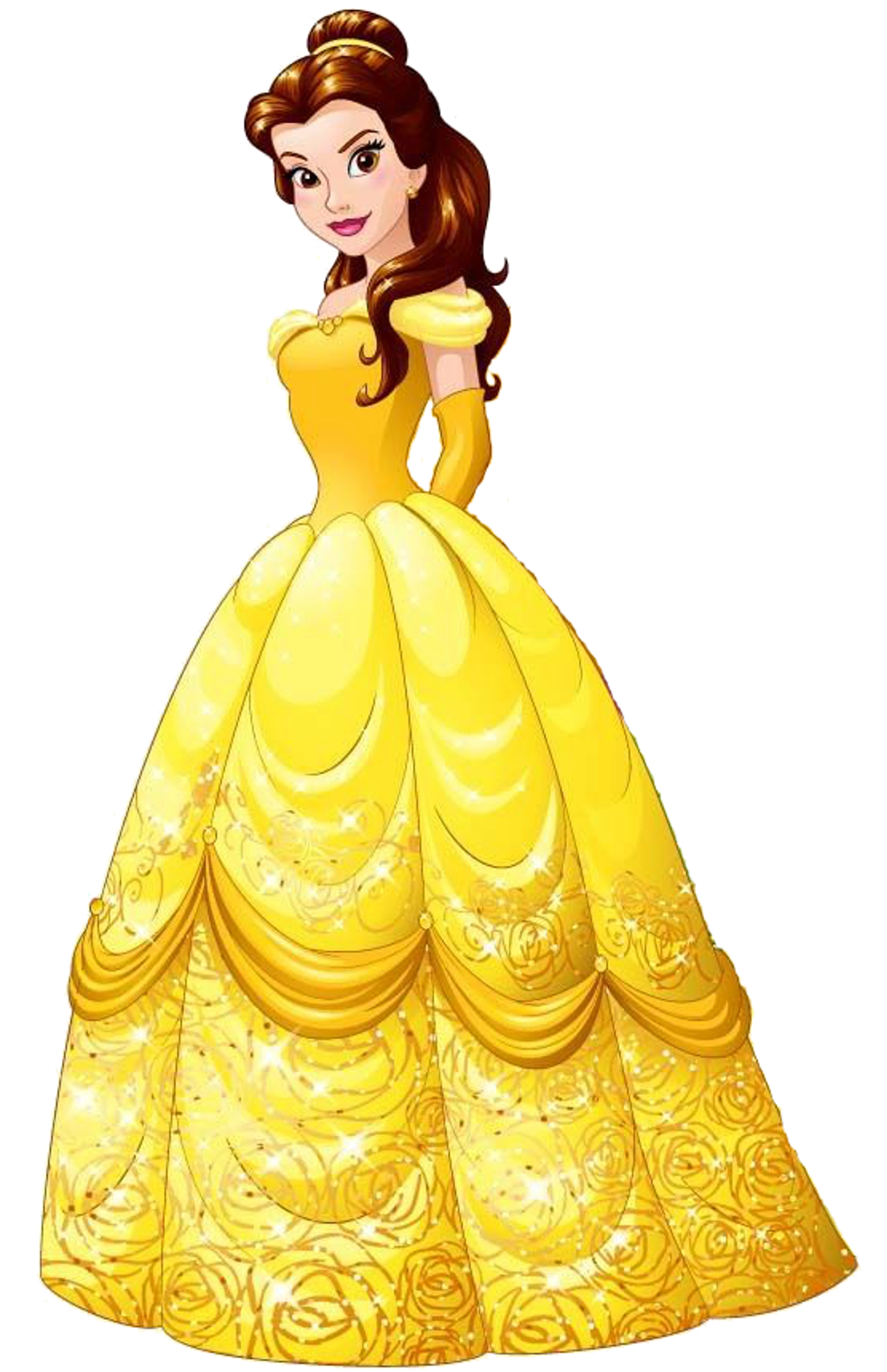 An animated Disney character named Belle wearing a yellow ball gown