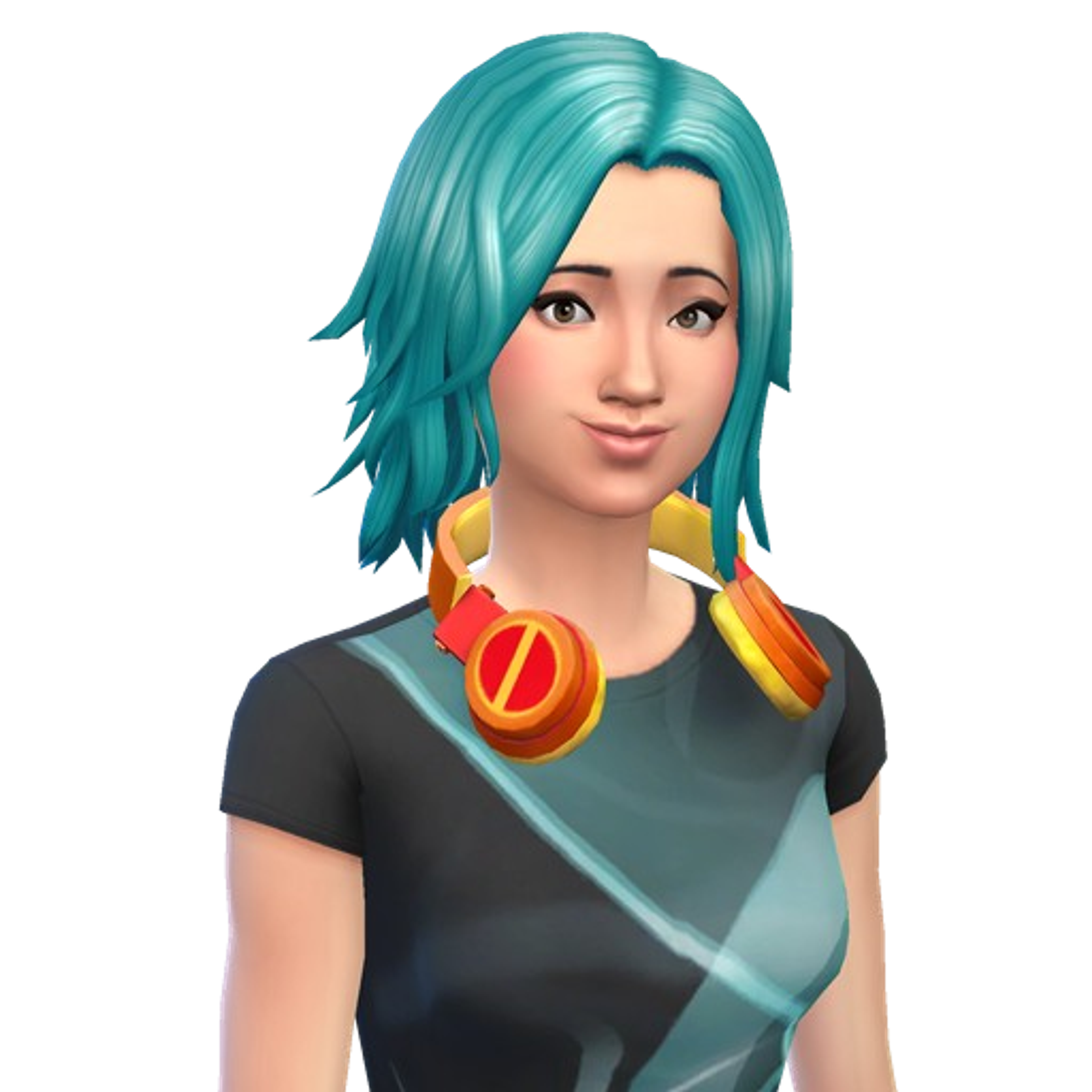 A young woman with turquoise hair and warm-toned skin wearing a black shirt and large, colorful headphones.