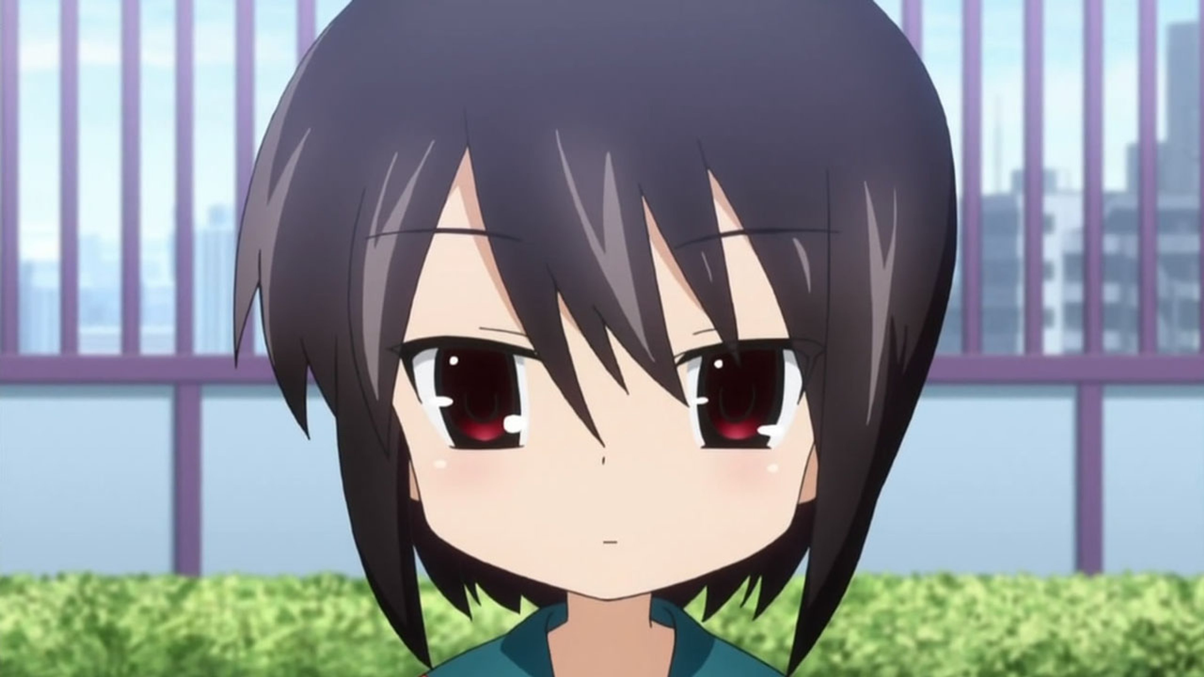 A serious-looking young woman with short dark hair and red eyes, wearing a school uniform.