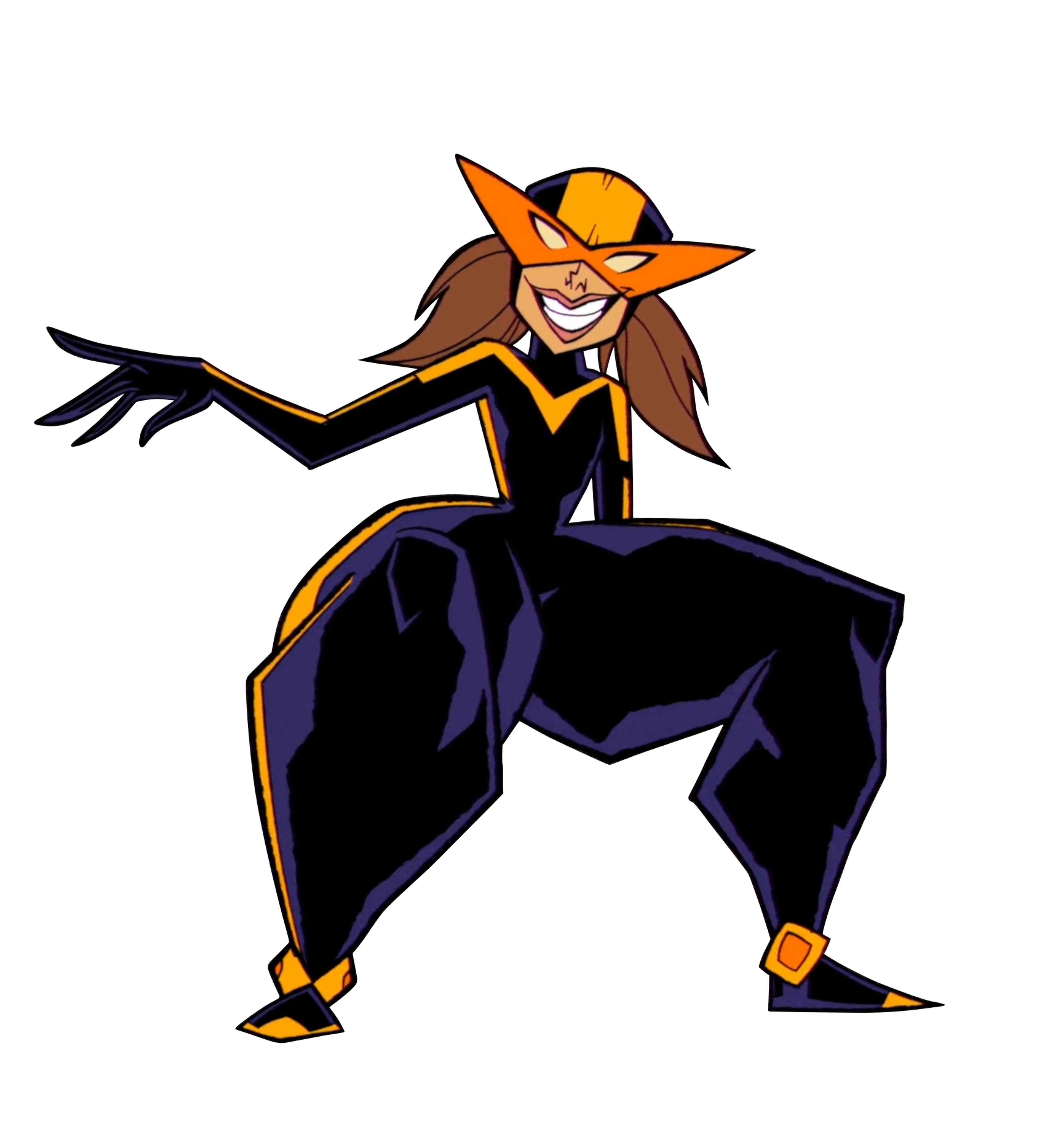 A female cartoon character with orange hair and a black and yellow bodysuit, striking an action pose.