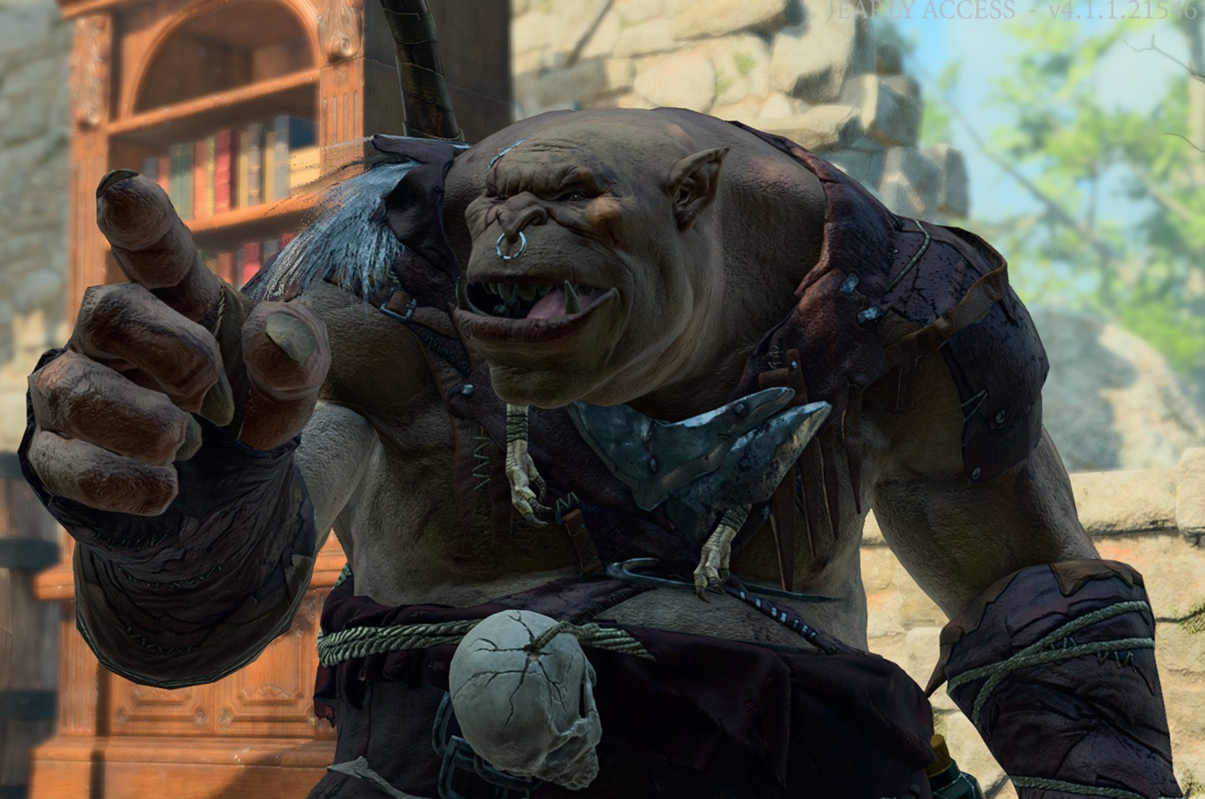 An intelligent ogre mercenary wearing a headband