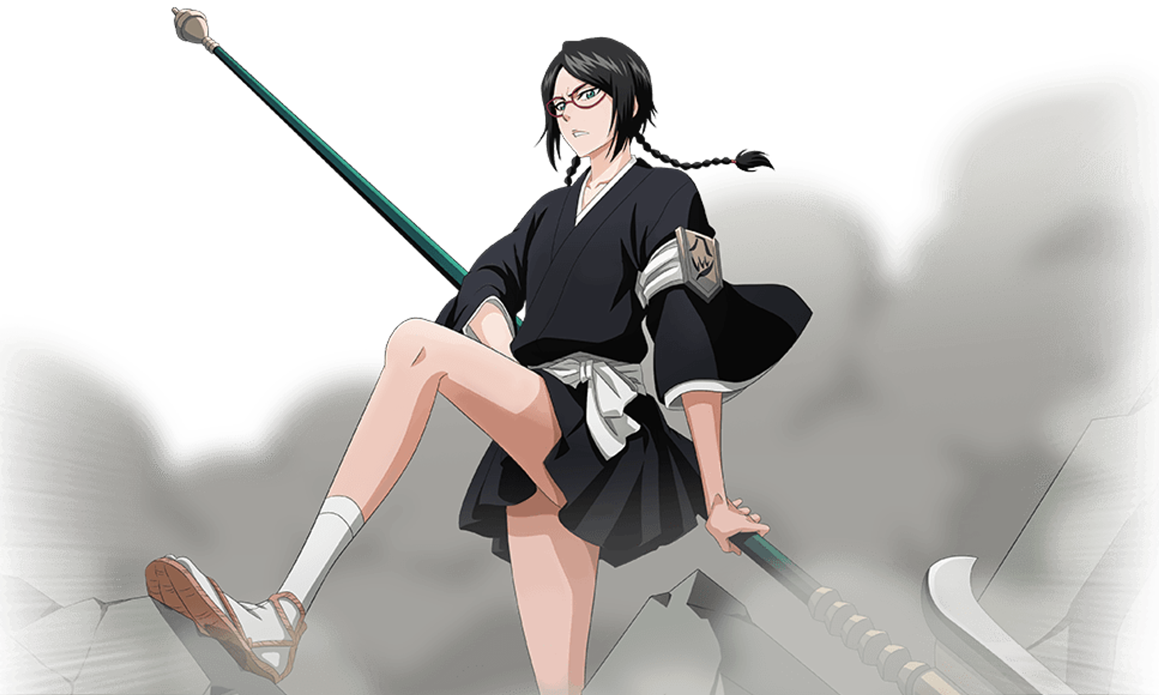 A woman in a black outfit sitting on a cloud-like structure and holding a weapon