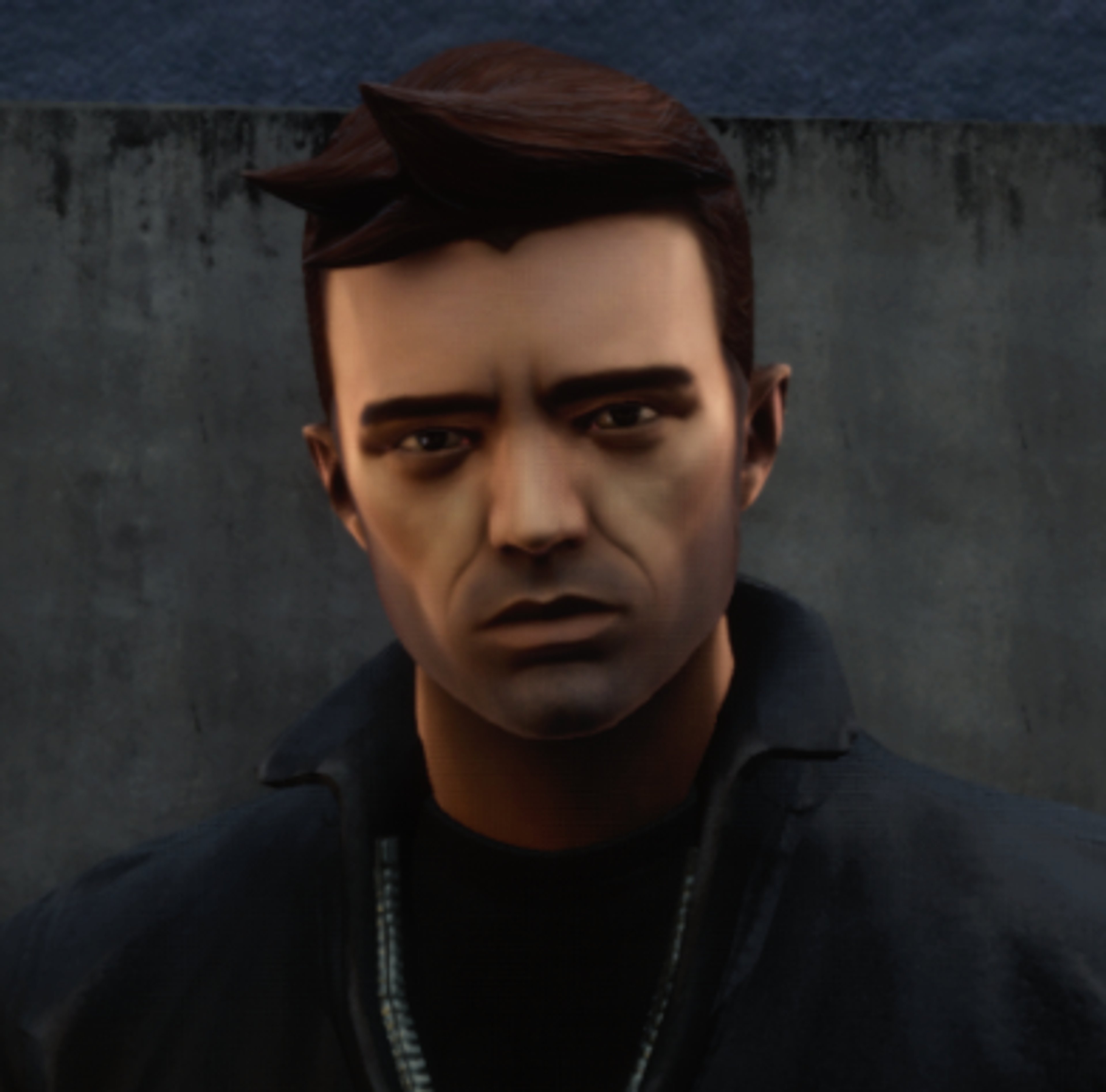 A male character with a serious expression wearing a black jacket